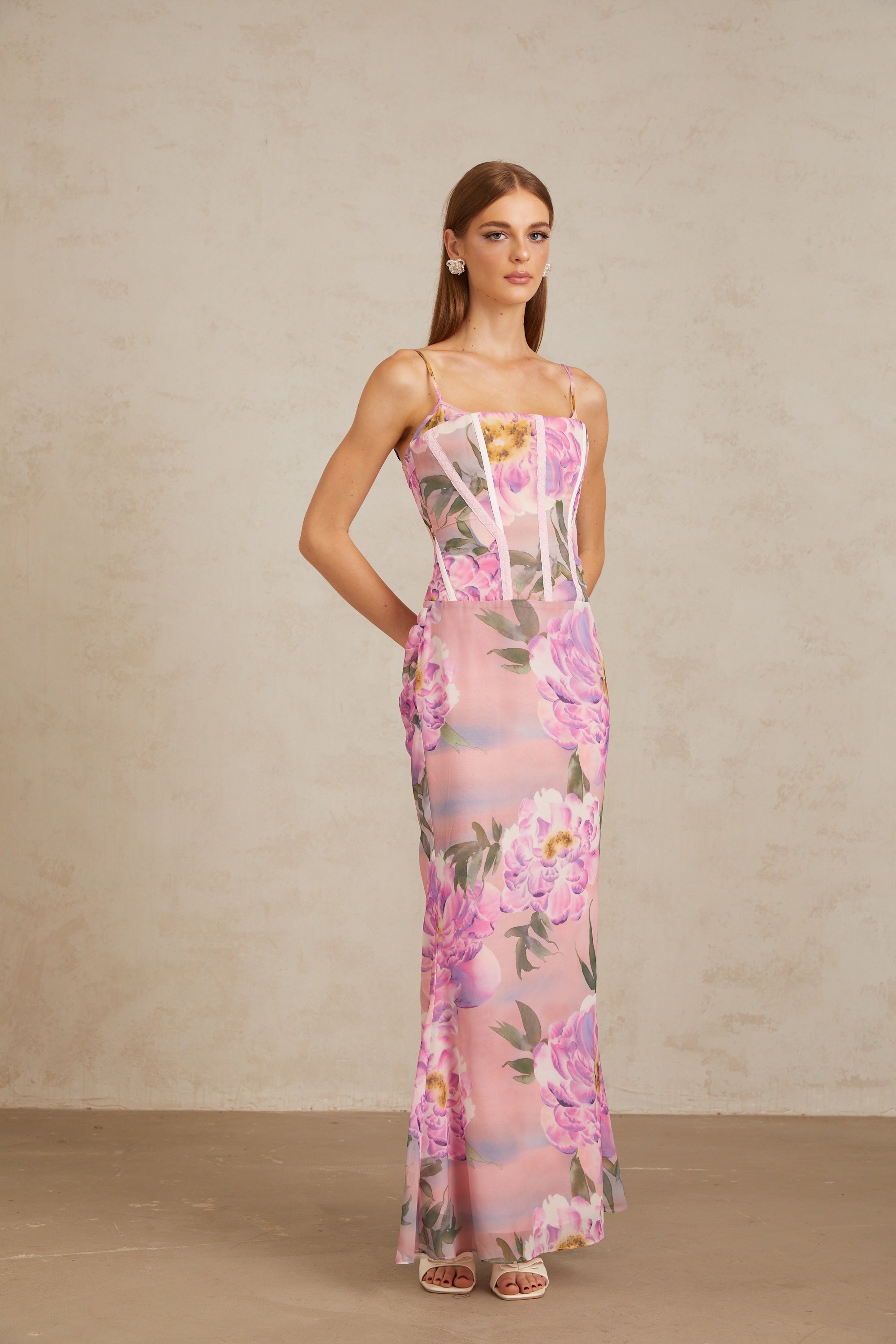 Irène Pink Chiffon Floral Print Maxi Dress