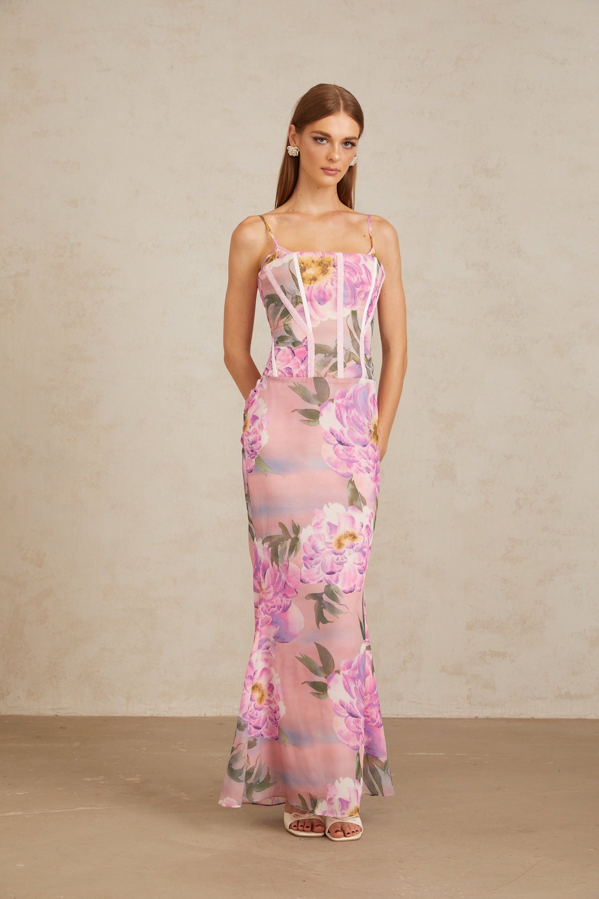 Irène Pink Chiffon Floral Print Maxi Dress (Final Sale)