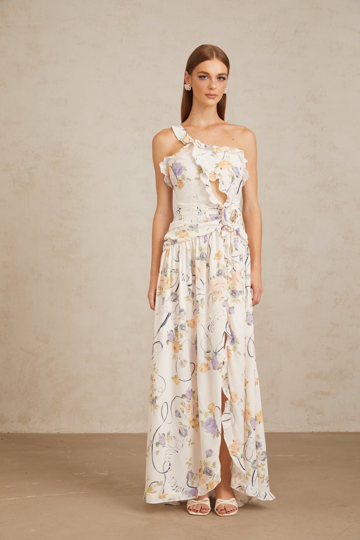 Noémie Neutral Floral Ruffled Trim Maxi Dress