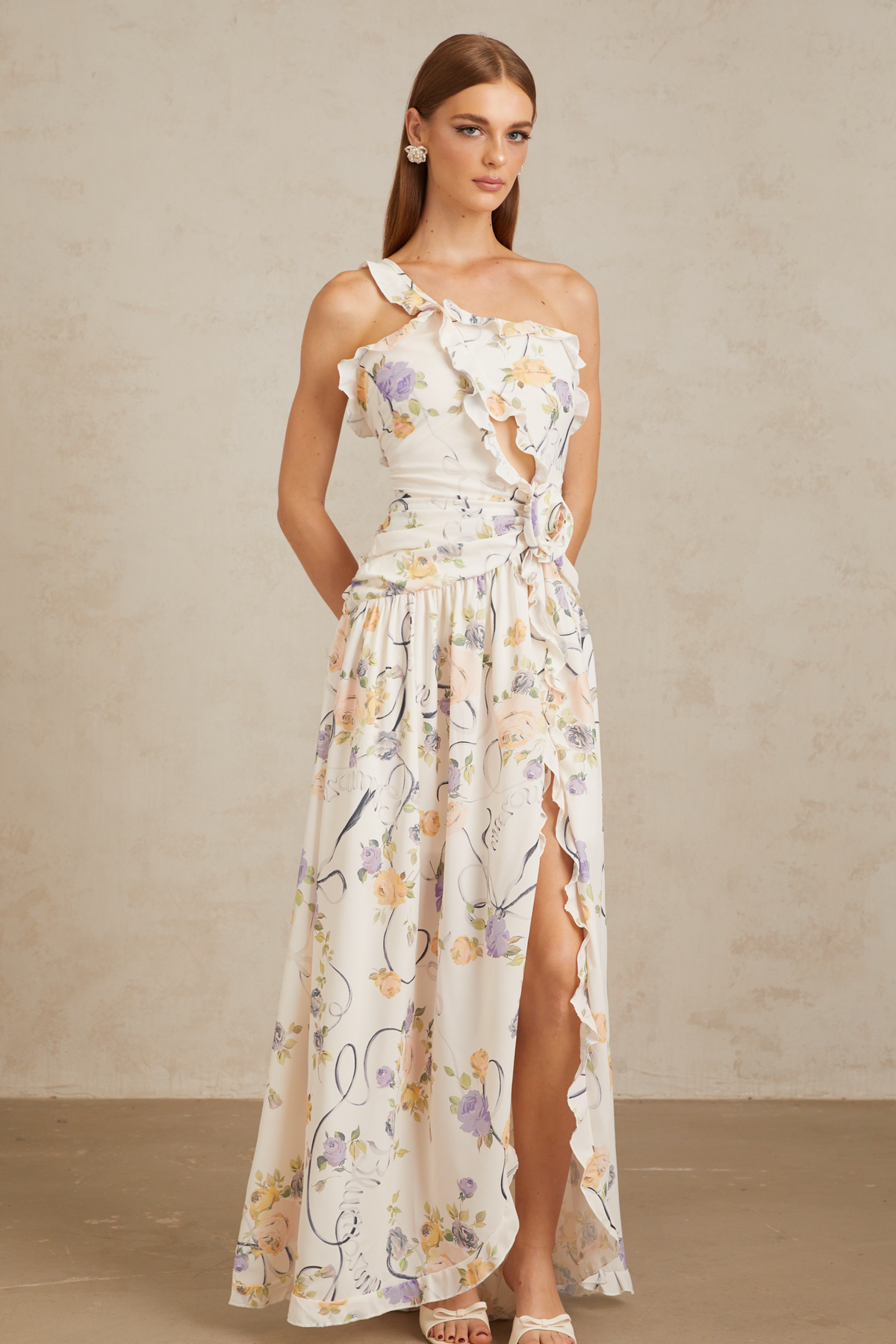 Noémie Neutral Floral Ruffled Trim Maxi Dress