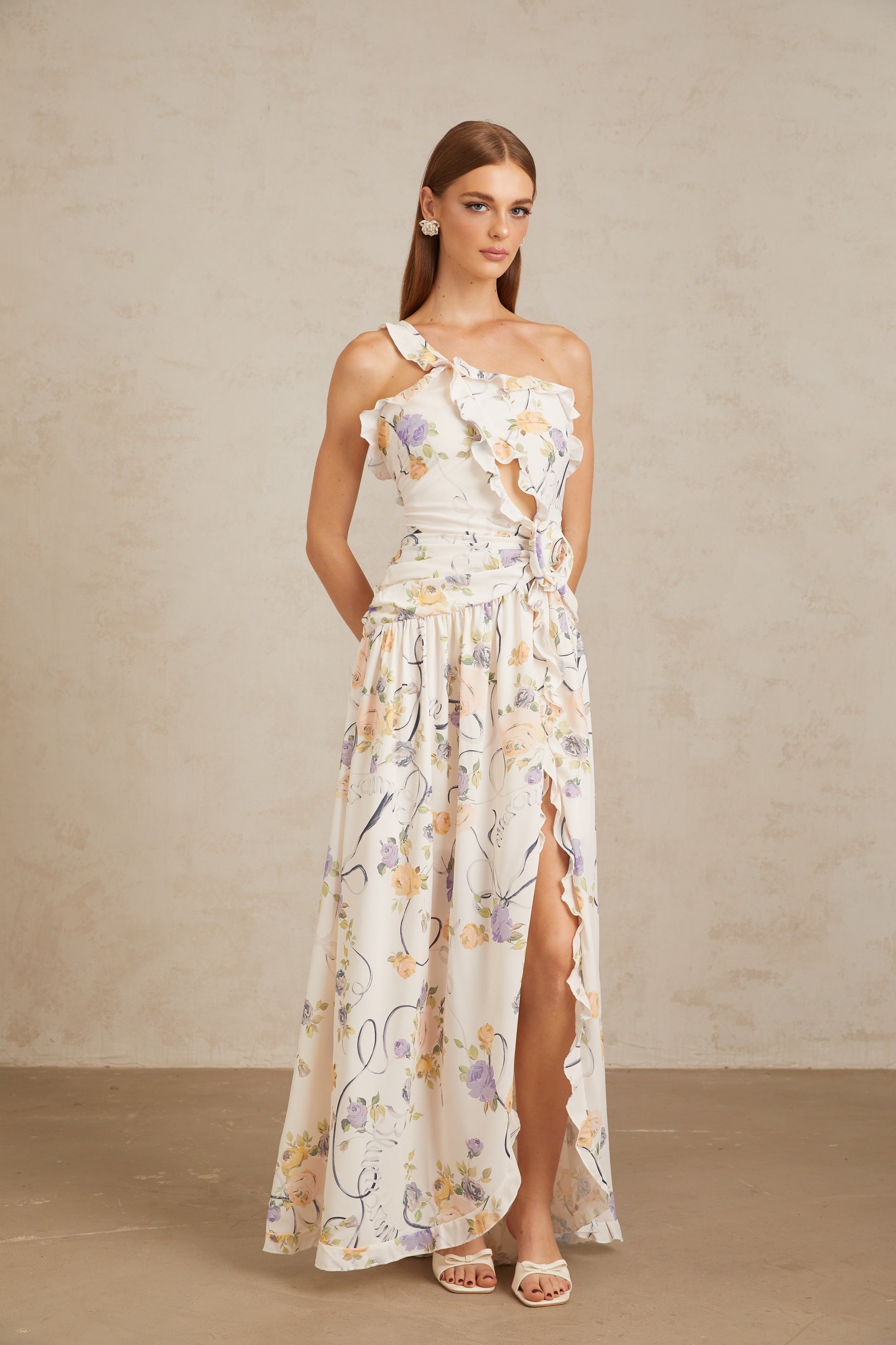 Noémie Neutral Floral Ruffled Trim Maxi Dress (Final Sale)
