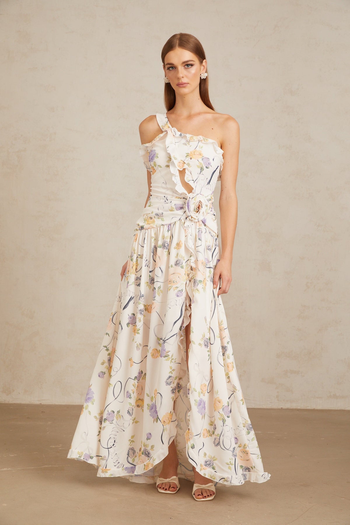 Noémie Neutral Floral Ruffled Trim Maxi Dress
