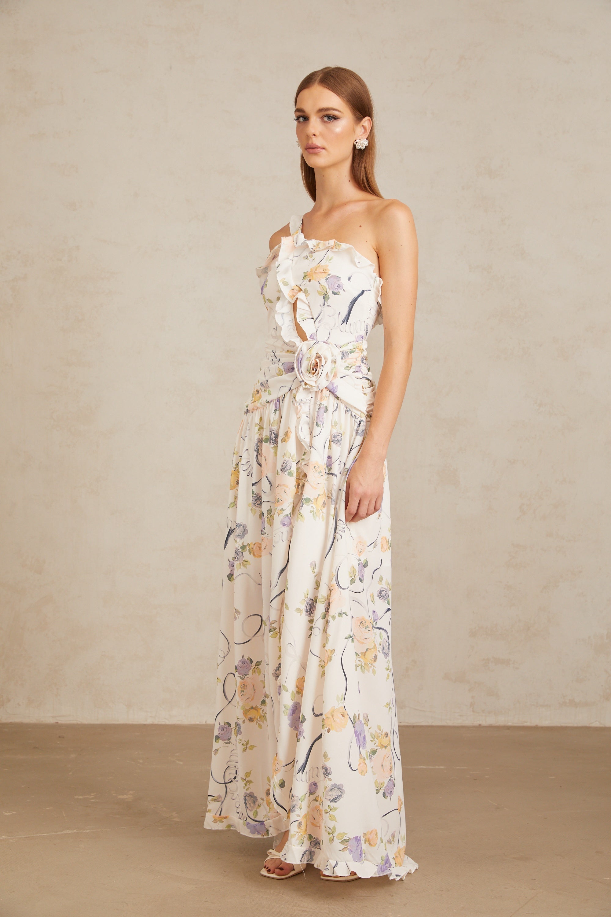Noémie Neutral Floral Ruffled Trim Maxi Dress (Final Sale)