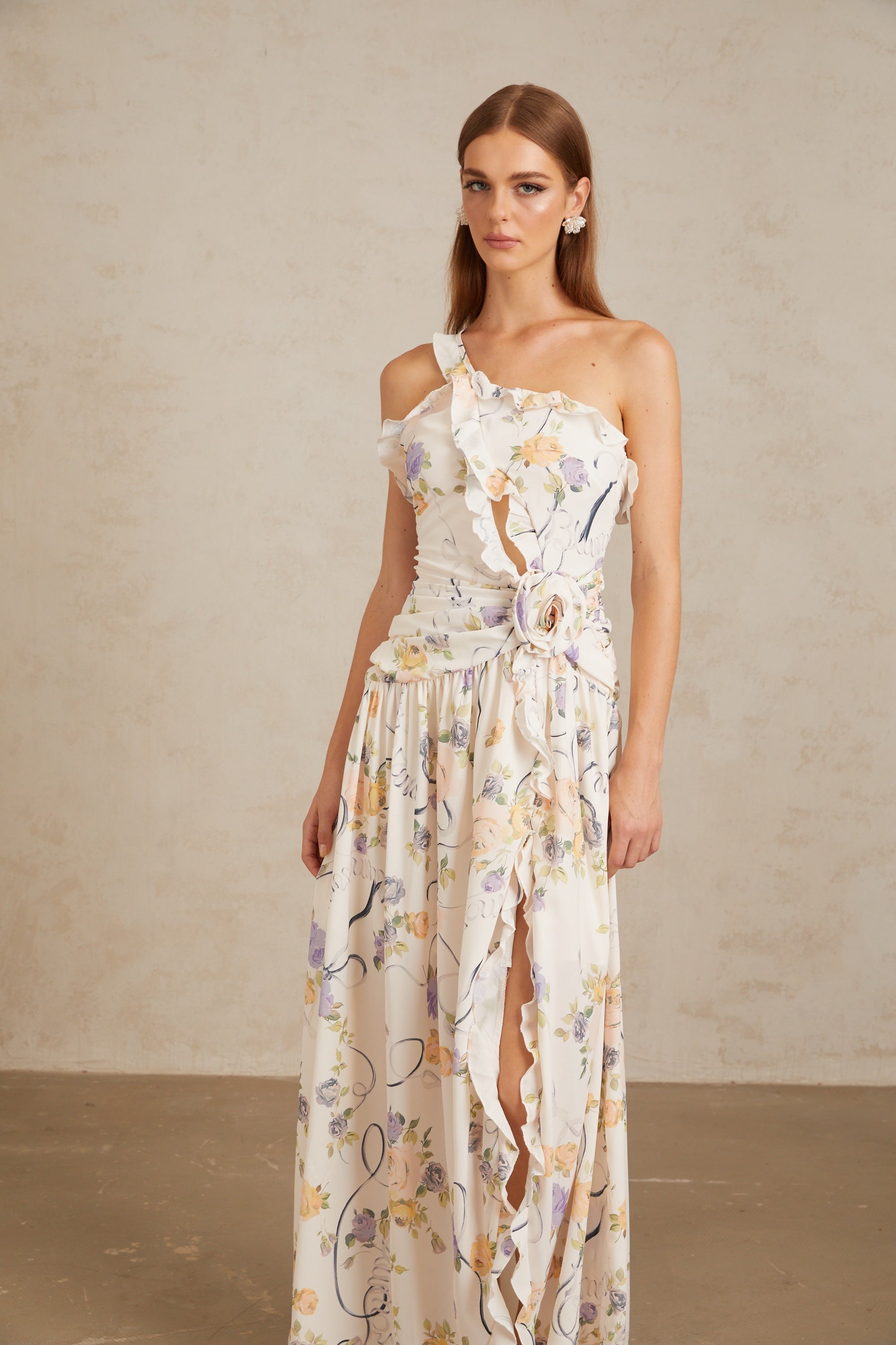 Noémie Neutral Floral Ruffled Trim Maxi Dress (Final Sale)
