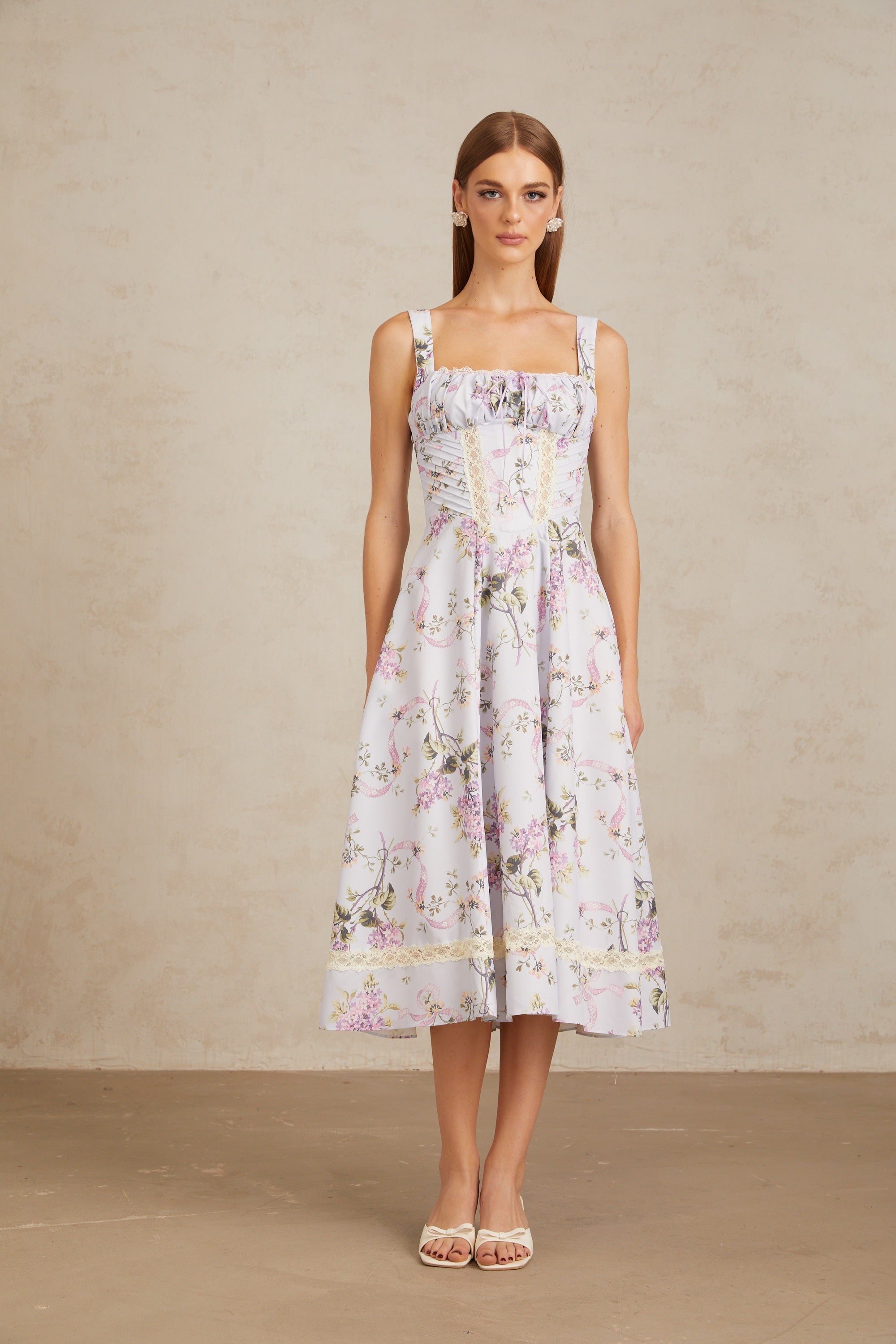 Apolline Lilac Lace Trim Floral Midi Dress (Final Sale)