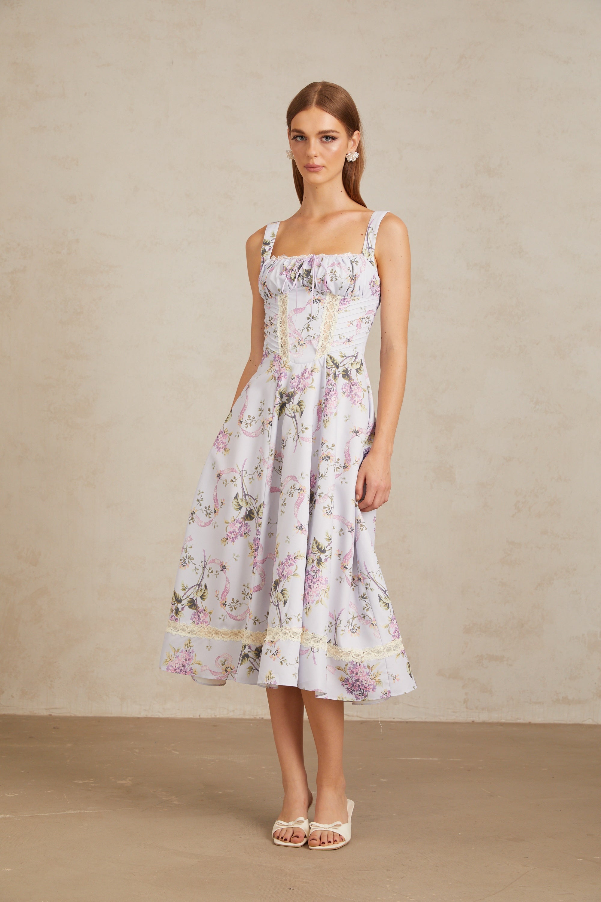 Apolline Lilac Lace Trim Floral Midi Dress (Final Sale)