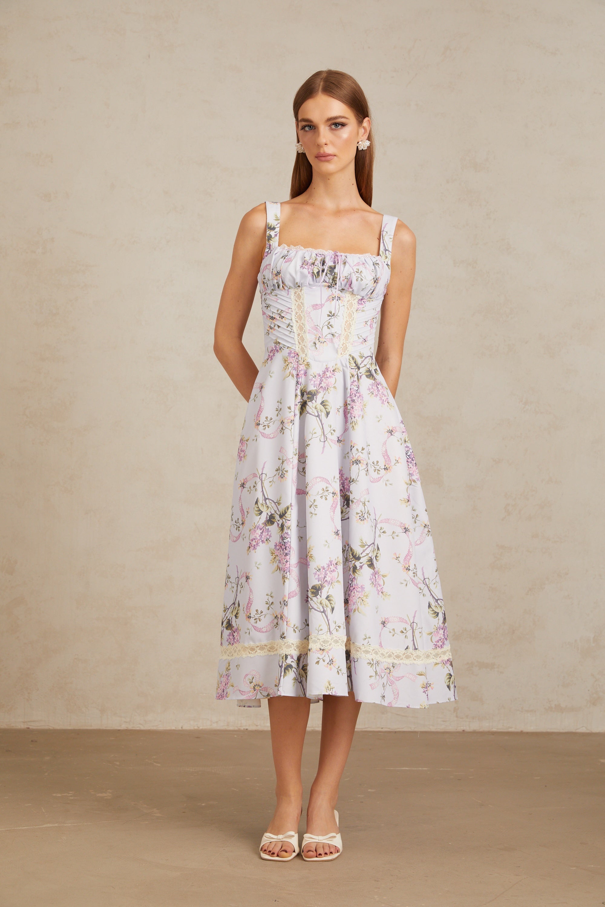 Apolline Lilac Lace Trim Floral Midi Dress (Final Sale)