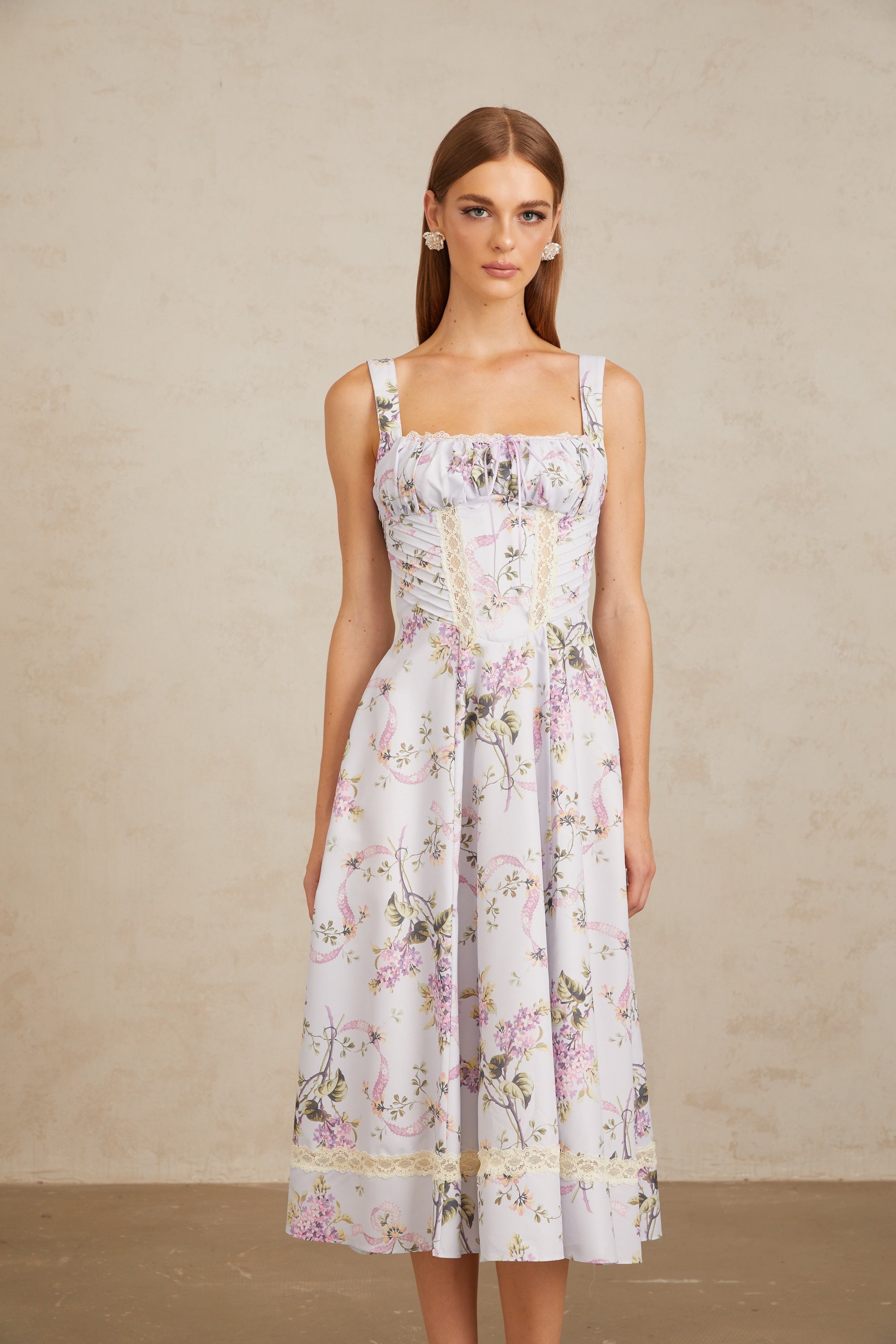 Apolline Lilac Lace Trim Floral Midi Dress (Final Sale)