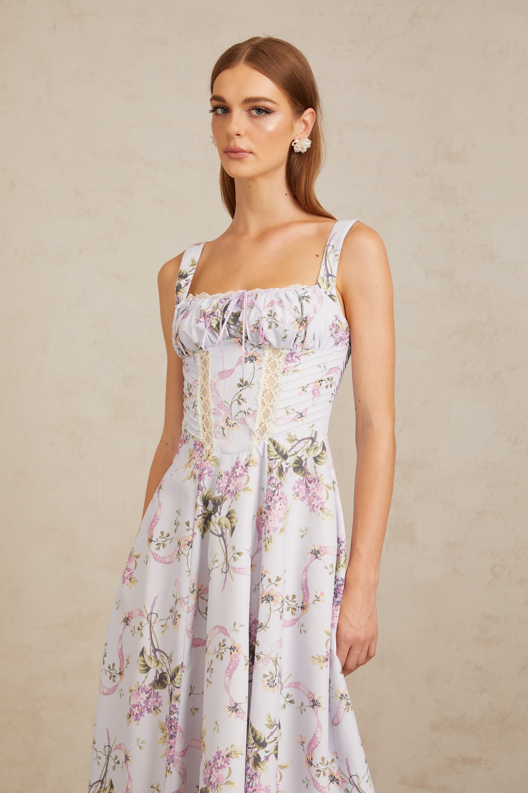 Apolline Lilac Lace Trim Floral Midi Dress