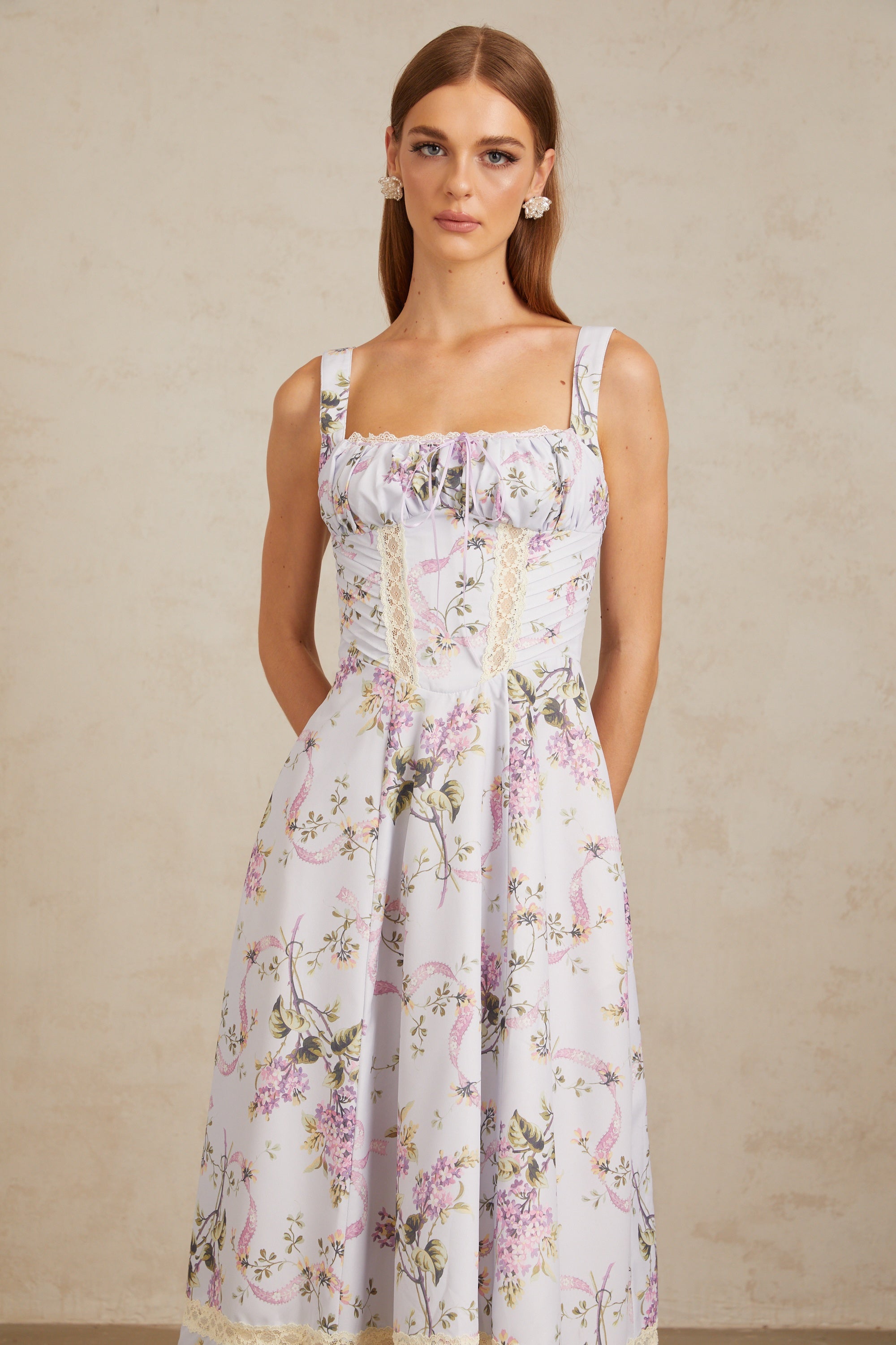 Apolline Lilac Lace Trim Floral Midi Dress (Final Sale)
