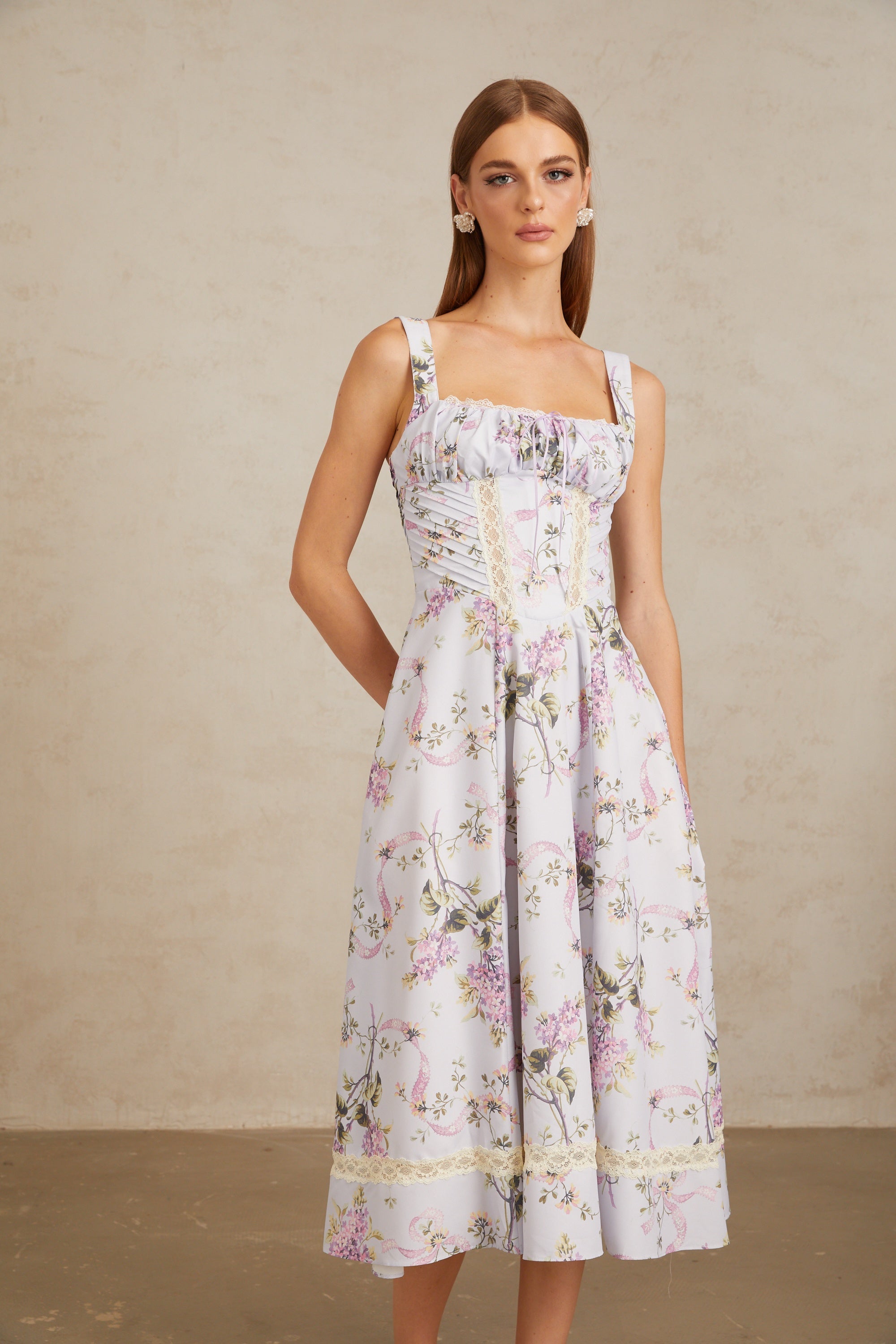 Apolline Lilac Lace Trim Floral Midi Dress (Final Sale)