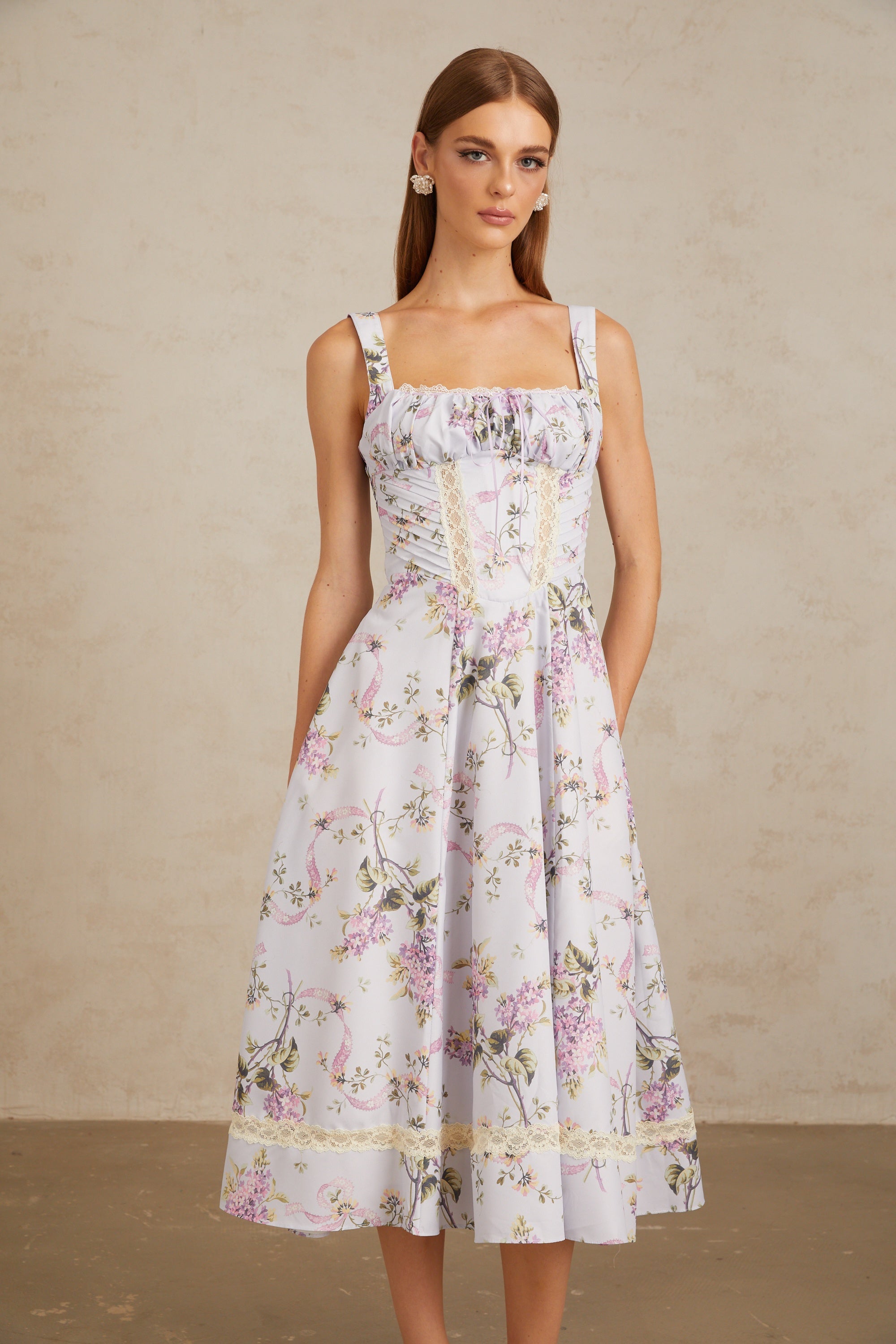 Apolline Lilac Lace Trim Floral Midi Dress (Final Sale)