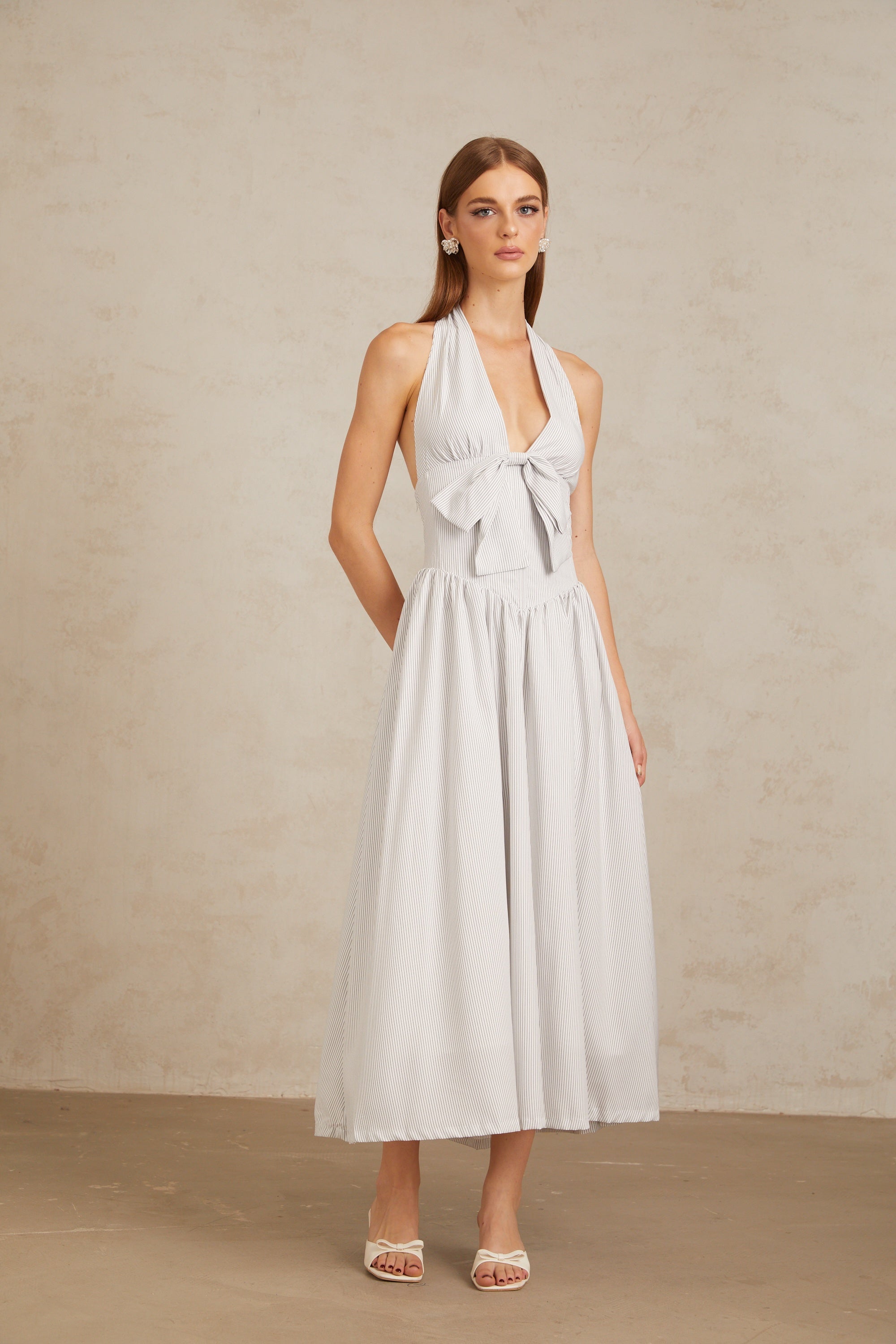 Inkeri White Stripe Pattern Halterneck Midi Dress