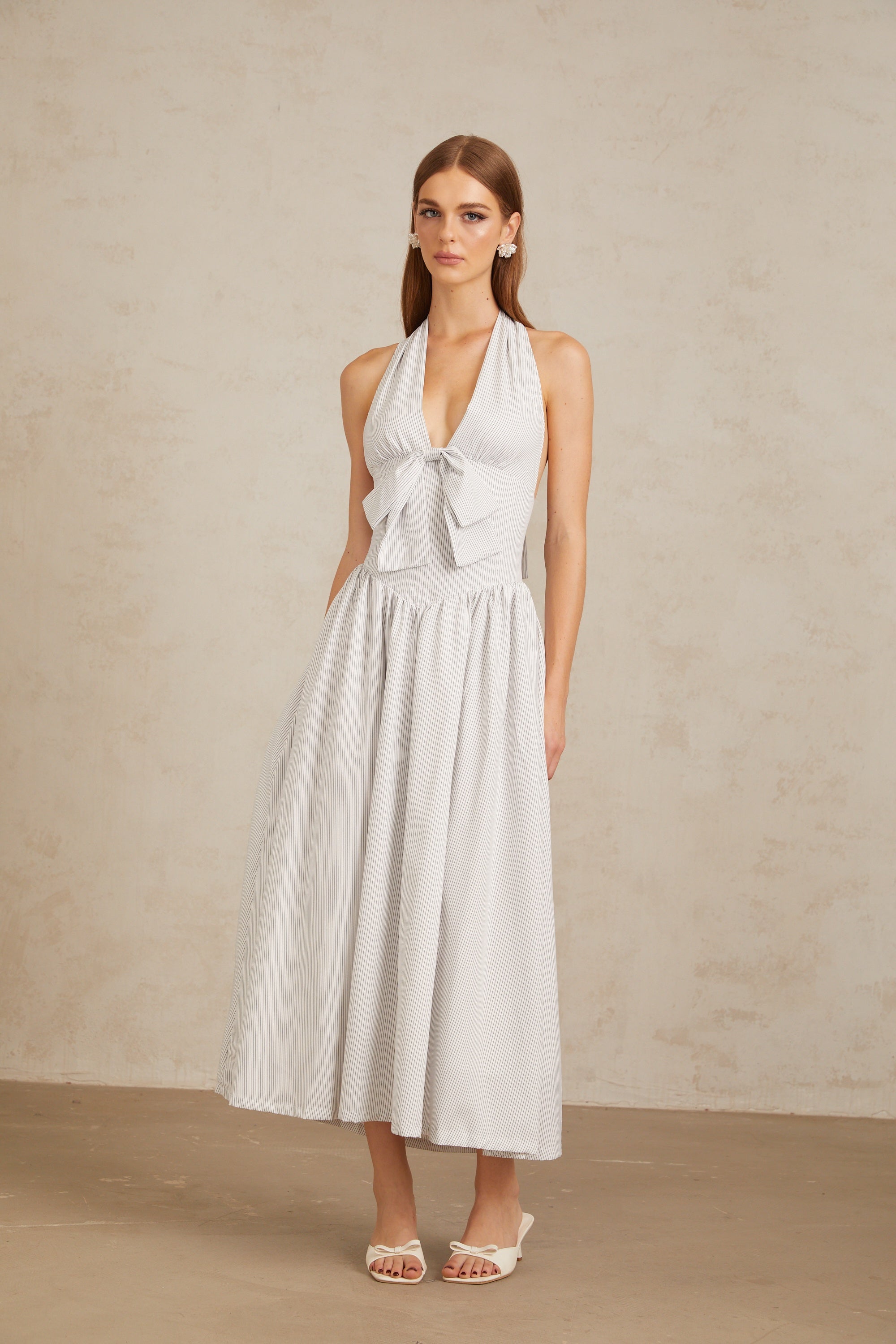 Inkeri White Stripe Pattern Halterneck Midi Dress