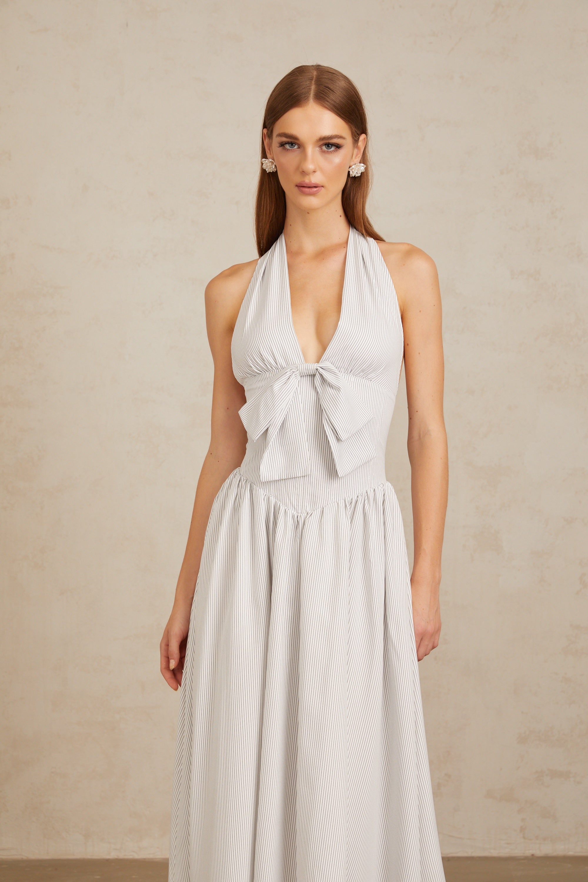 Inkeri White Stripe Pattern Halterneck Midi Dress