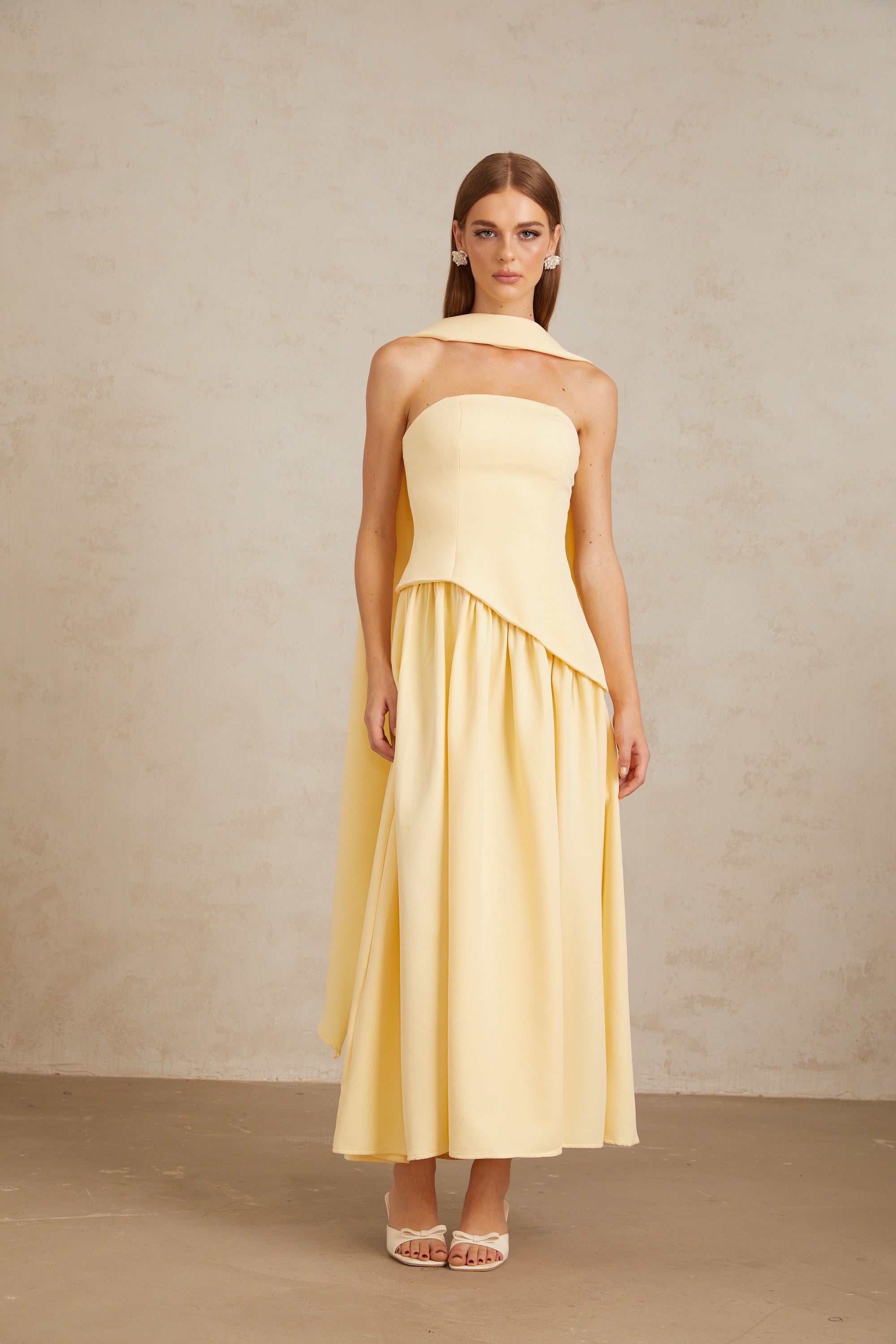 Sidonie Yellow Off-Shoulder Panel Maxi Gown