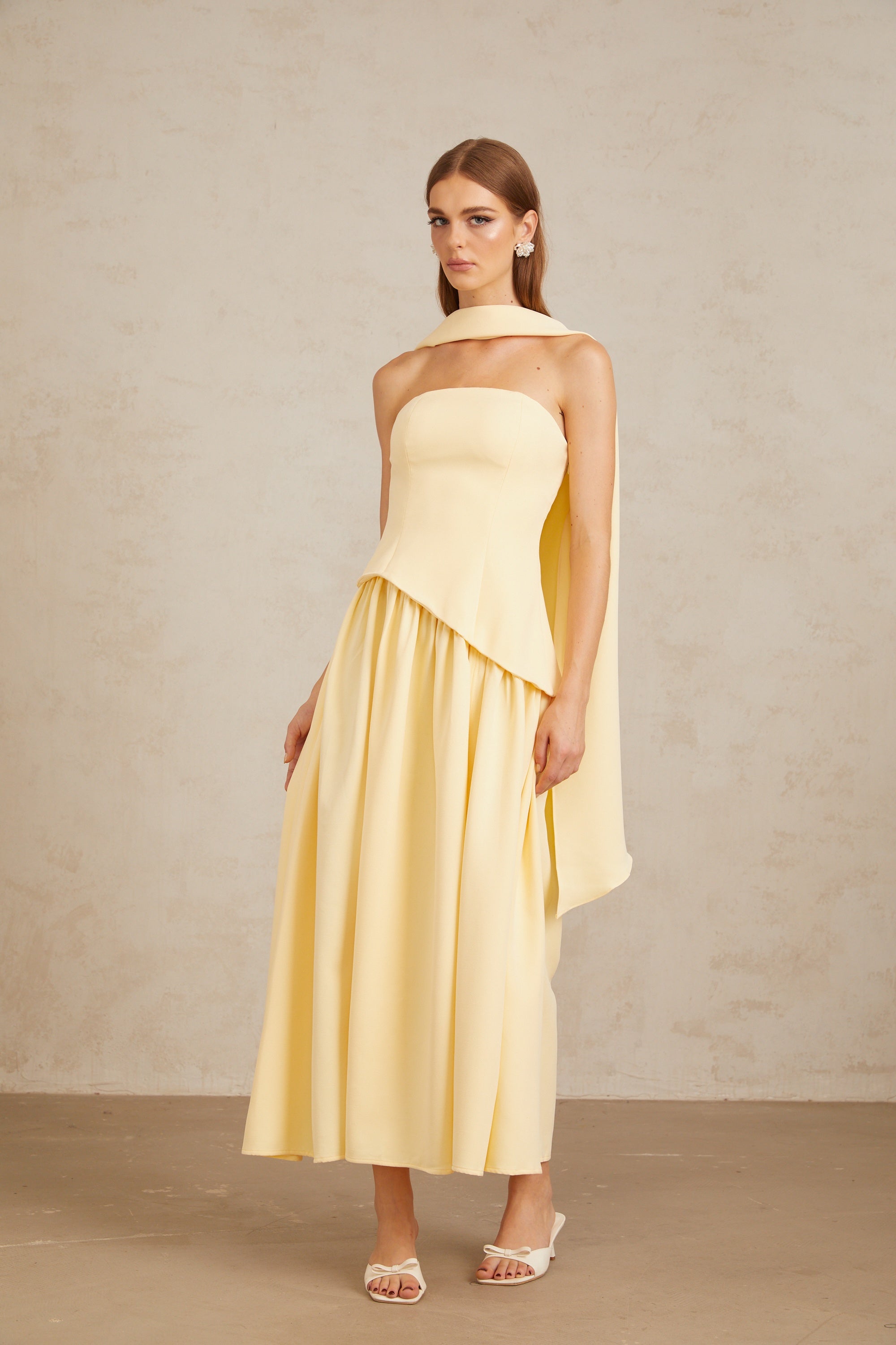 Sidonie Yellow Off-Shoulder Panel Maxi Gown