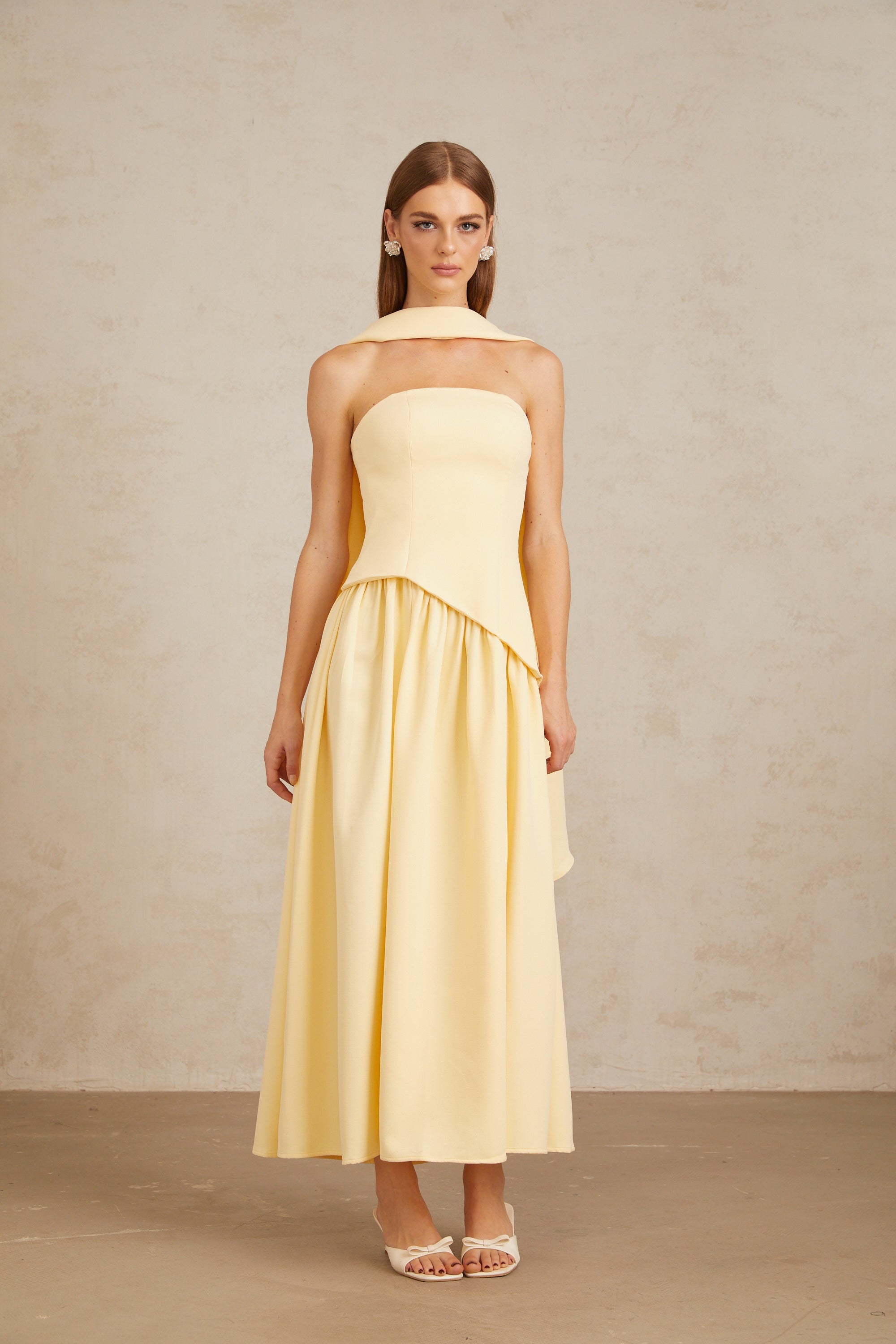 Sidonie Yellow Off-Shoulder Panel Maxi Gown