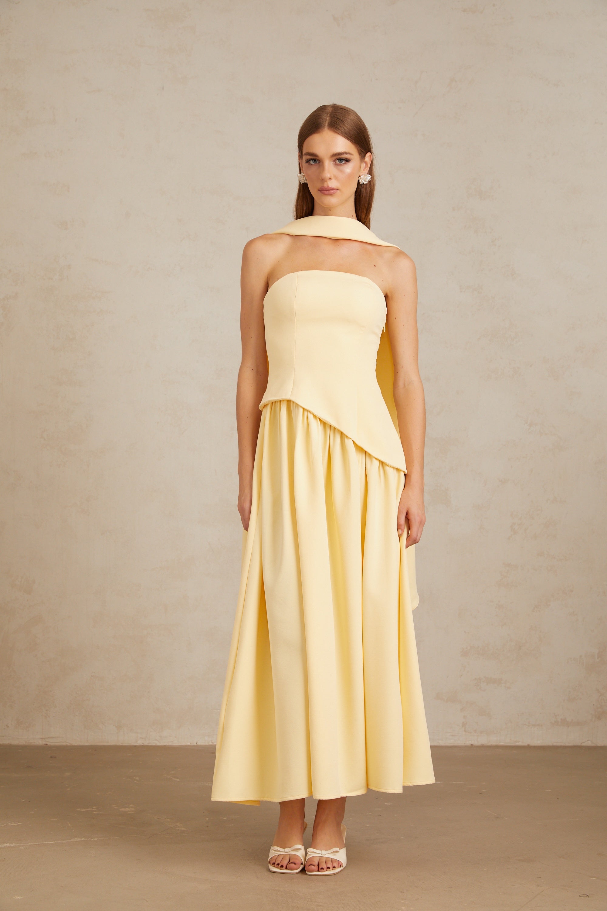 Sidonie Yellow Off-Shoulder Panel Maxi Gown
