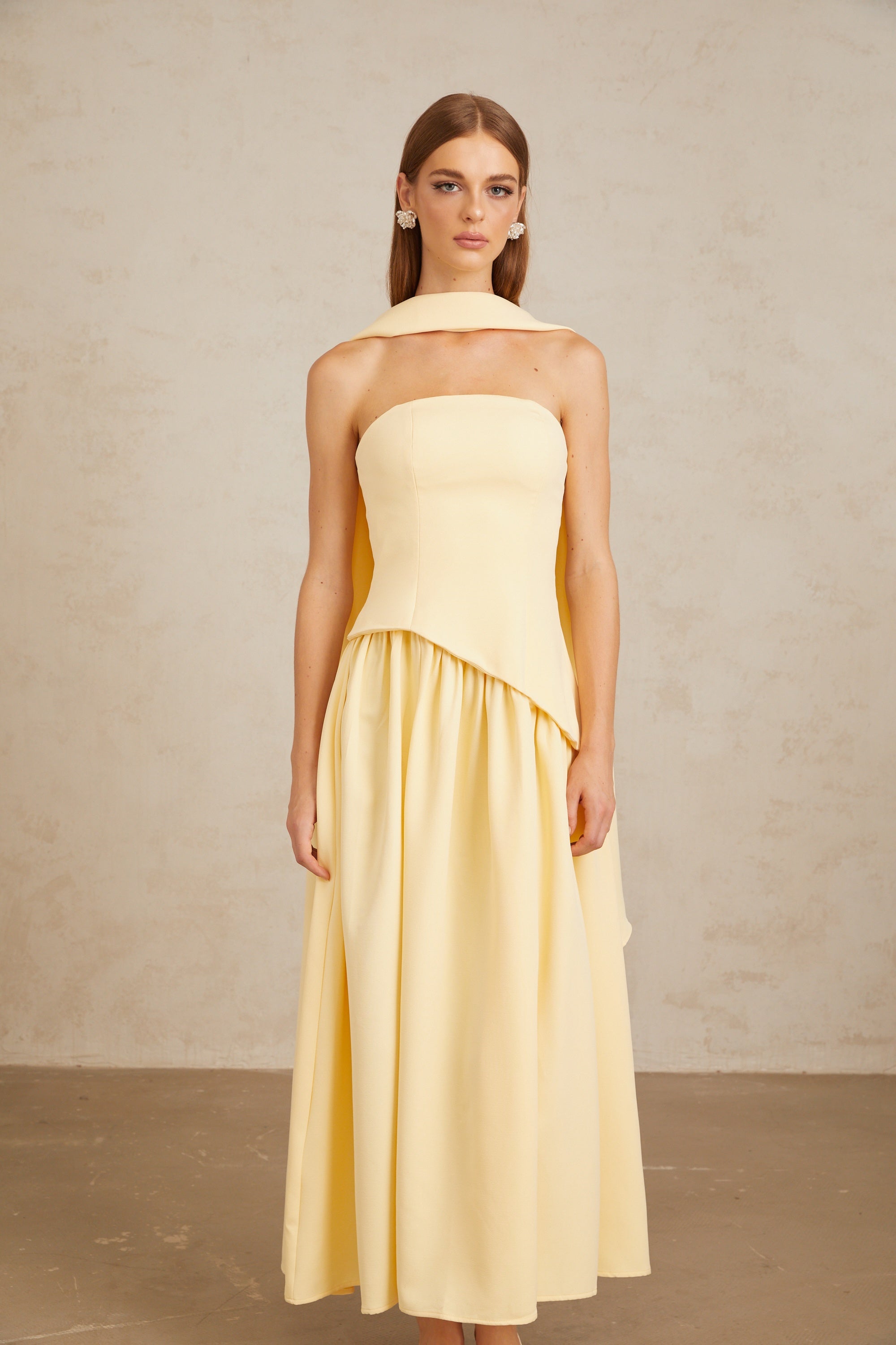 Sidonie Yellow Off-Shoulder Panel Maxi Gown