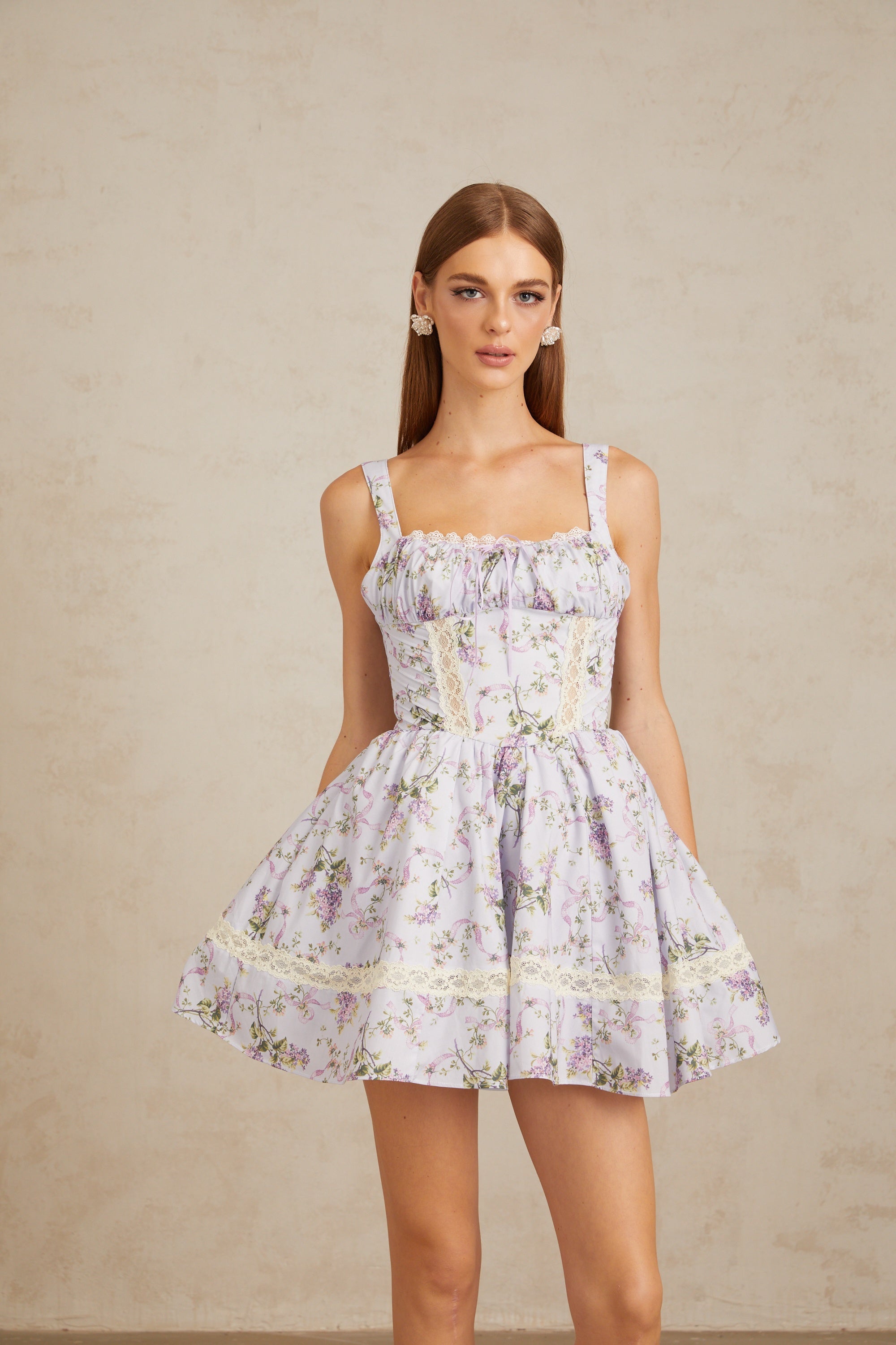 Apolline Lilac Lace Trim Floral Mini Dress (Final Sale)