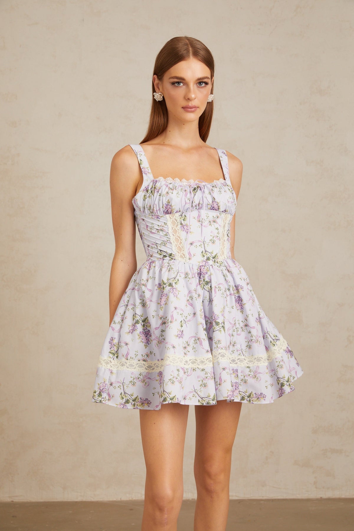 Apolline Lilac Lace Trim Floral Mini Dress