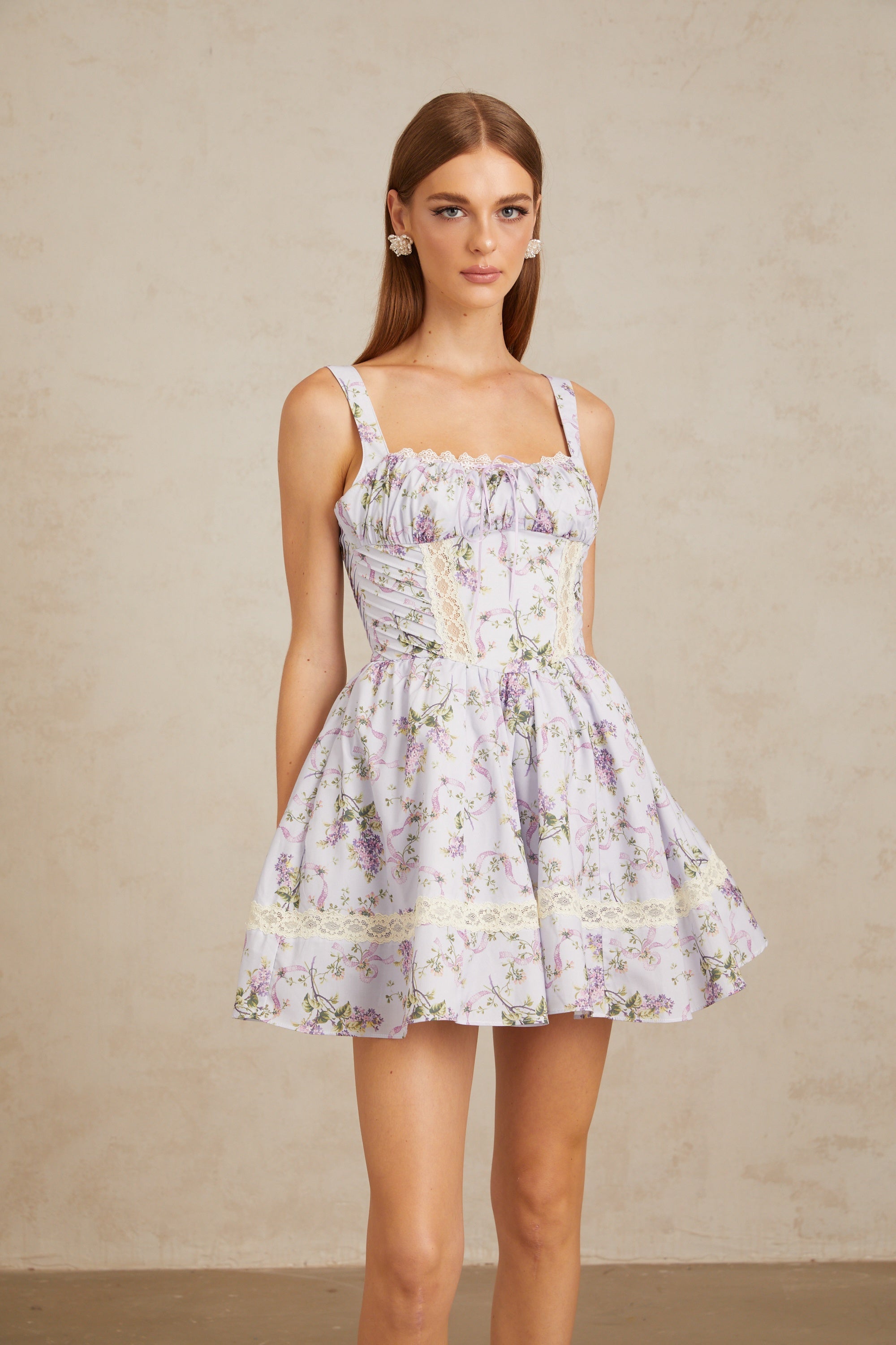 Apolline Lilac Lace Trim Floral Mini Dress (Final Sale)