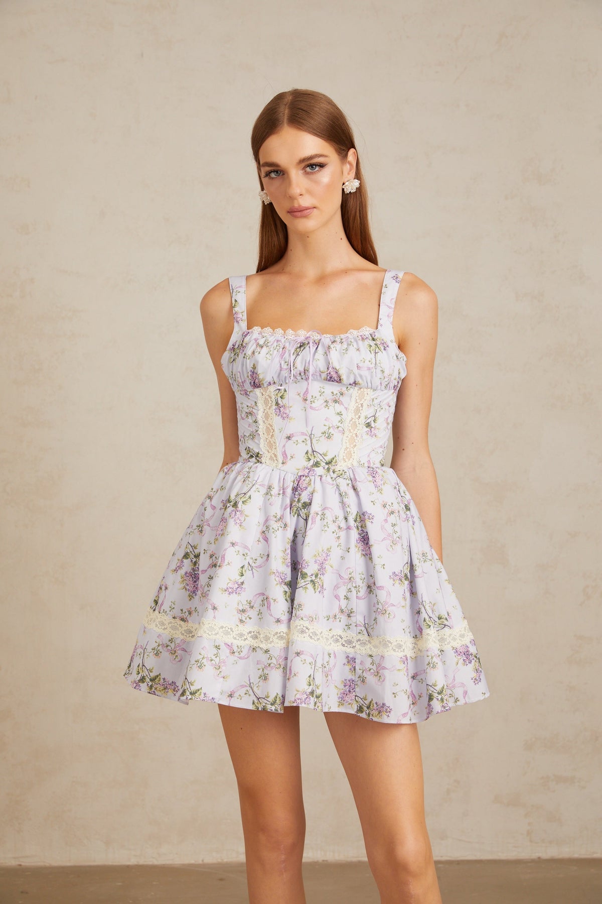 Apolline Lilac Lace Trim Floral Mini Dress (Final Sale)
