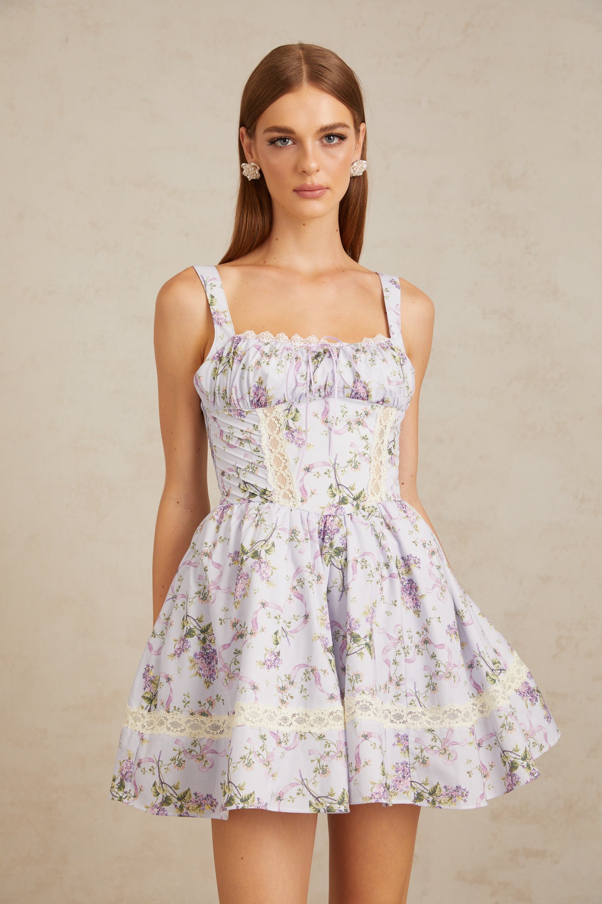 Apolline Lilac Lace Trim Floral Mini Dress (Final Sale)