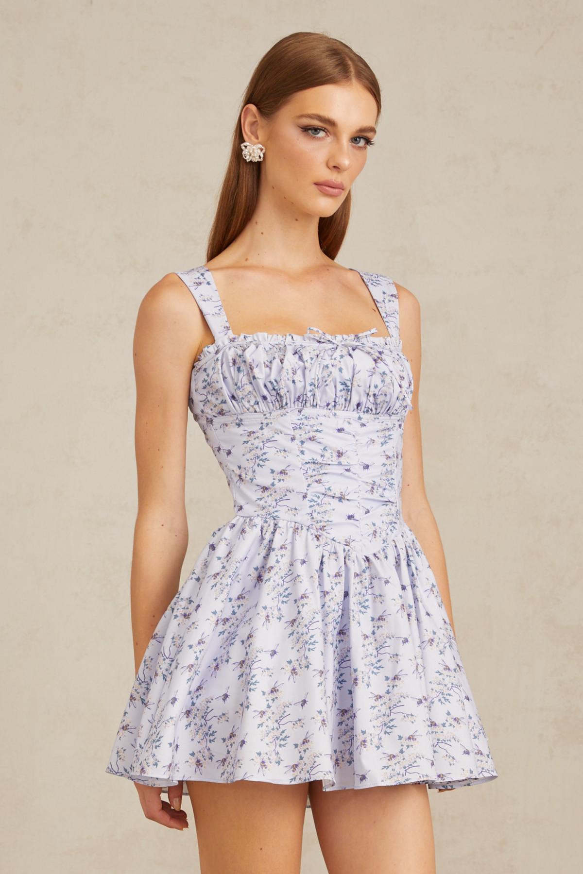 Valentin Blue Shirred Floral Print Mini Dress
