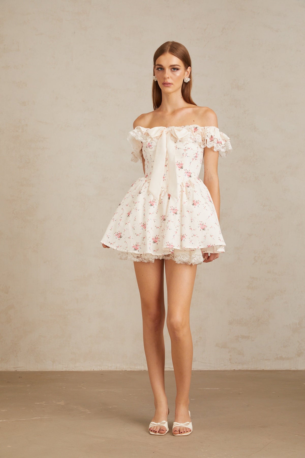 Arsène White Oversize Bow Floral Print Mini Dress