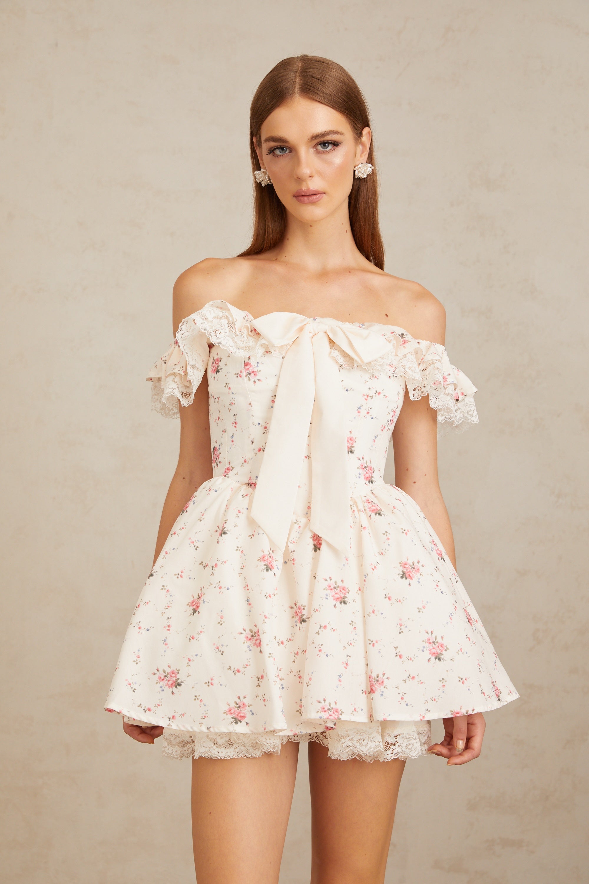 Arsène White Oversize Bow Floral Print Mini Dress