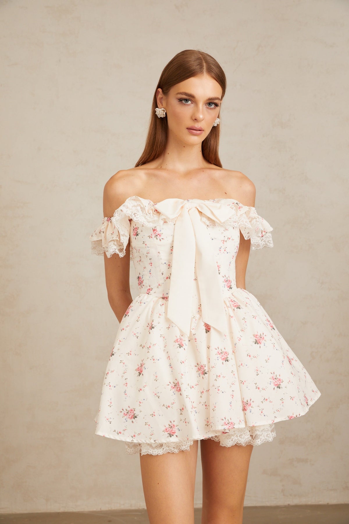 Arsène White Oversize Bow Floral Print Mini Dress