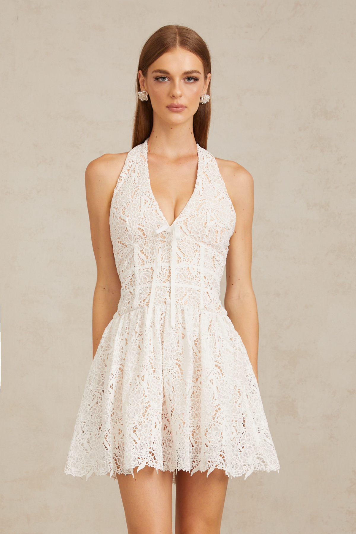 Quincia White Halterneck Corded Lace Mini Dress (Final Sale)