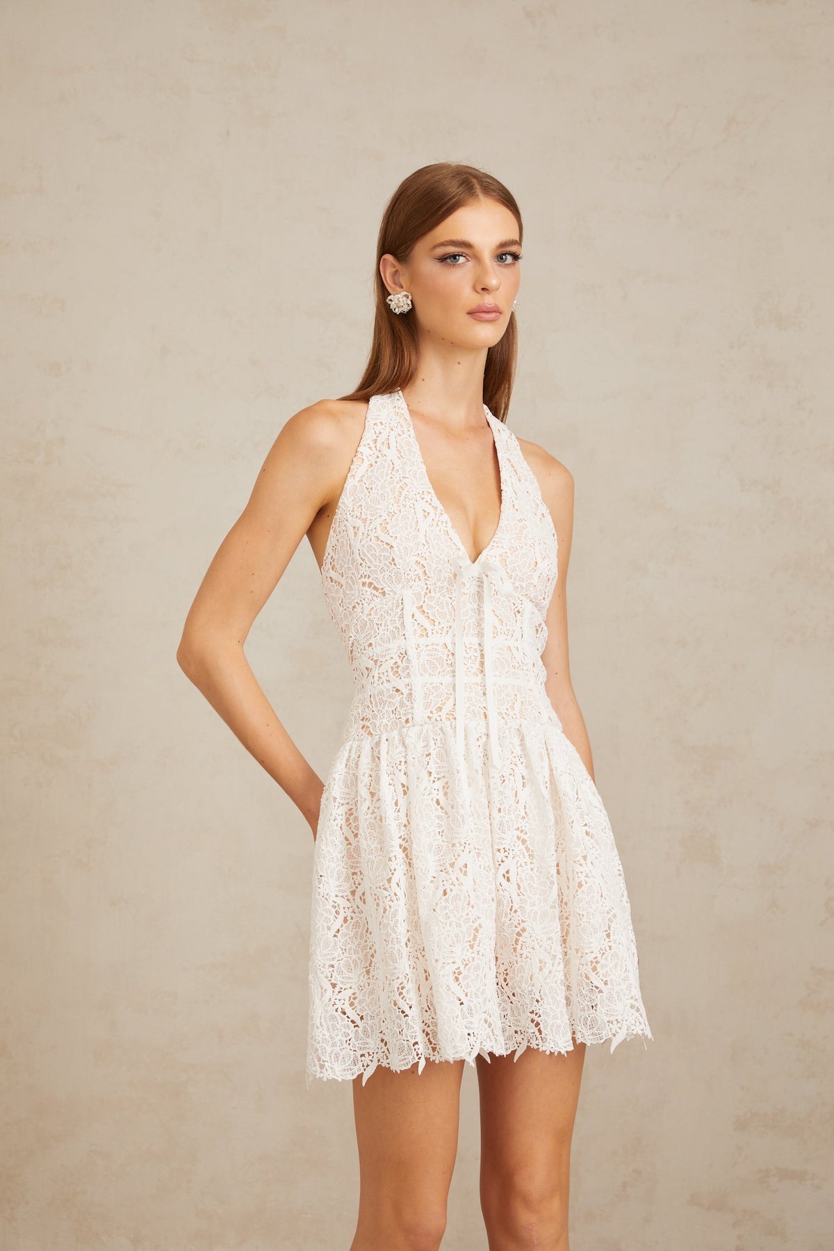 Quincia White Halterneck Corded Lace Mini Dress (Final Sale)