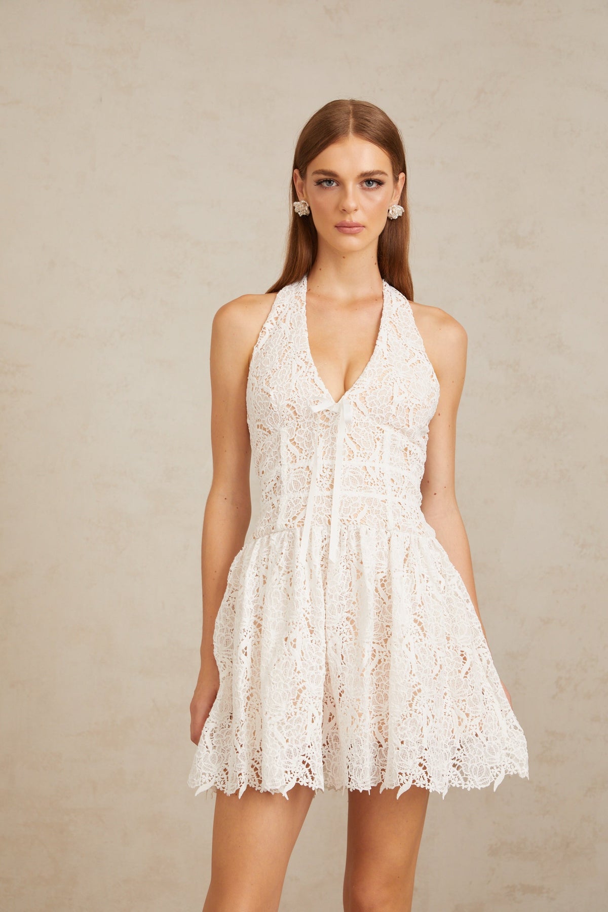 Quincia White Halterneck Corded Lace Mini Dress (Final Sale)