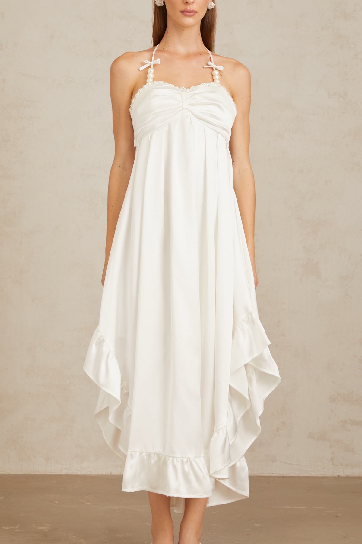 Nocturne White Ruffled Satin Midi Dress