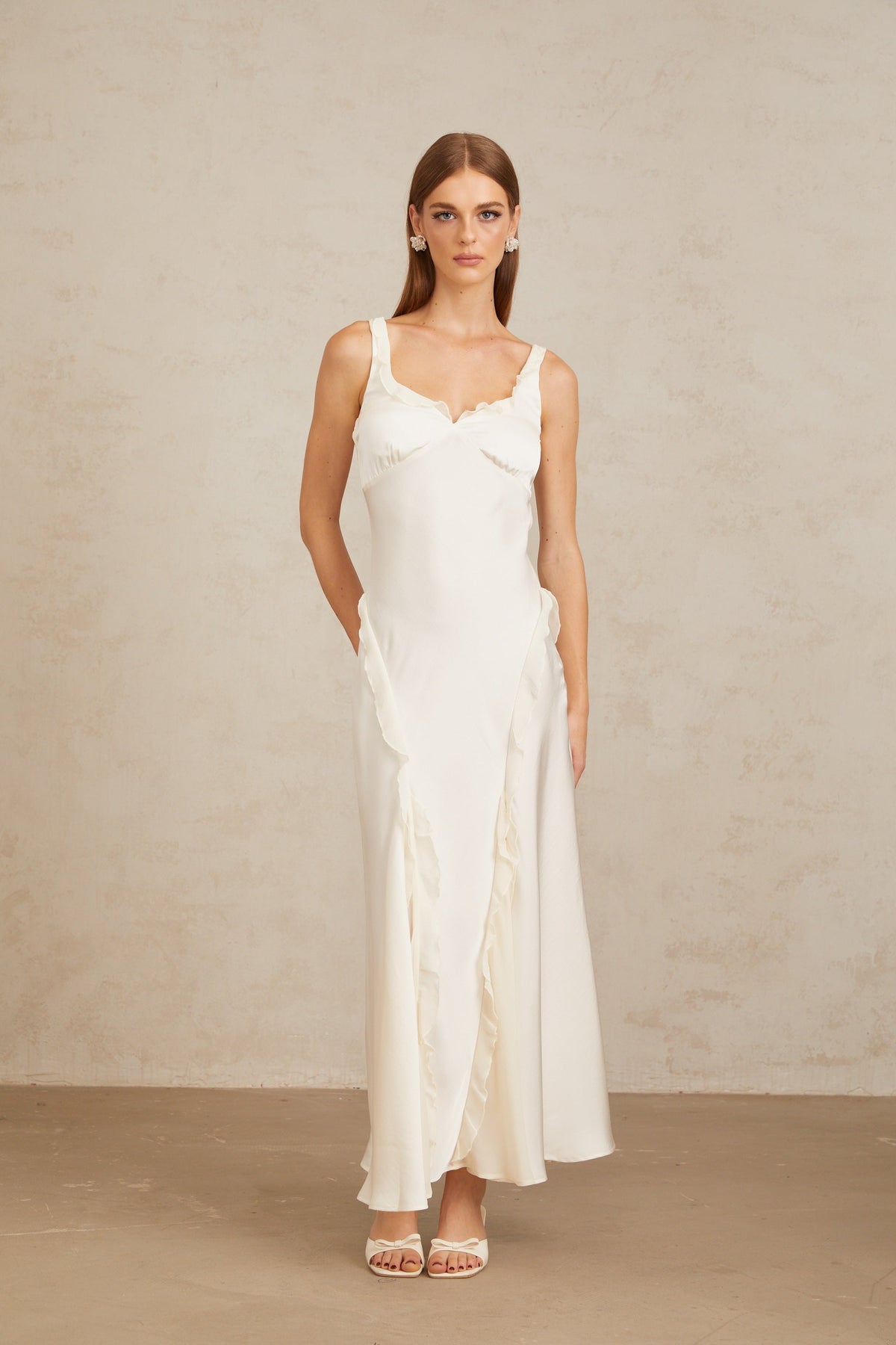 Eeva White Ruffled Trim Maxi Dress