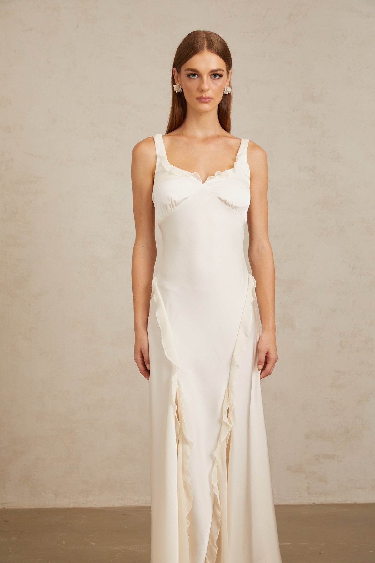 Eeva White Ruffled Trim Maxi Dress