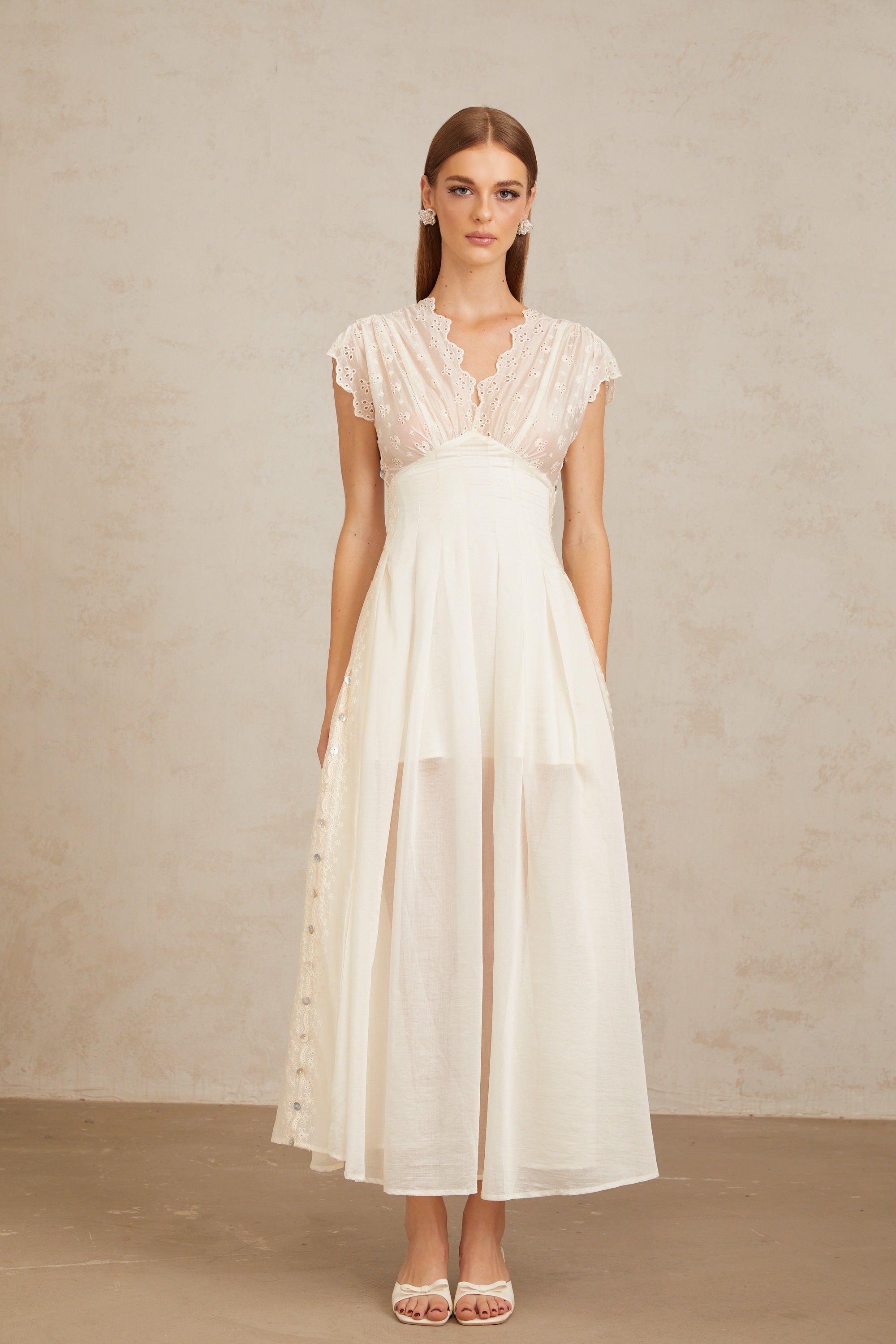 Lumière White Embroidered Shirred Maxi Dress