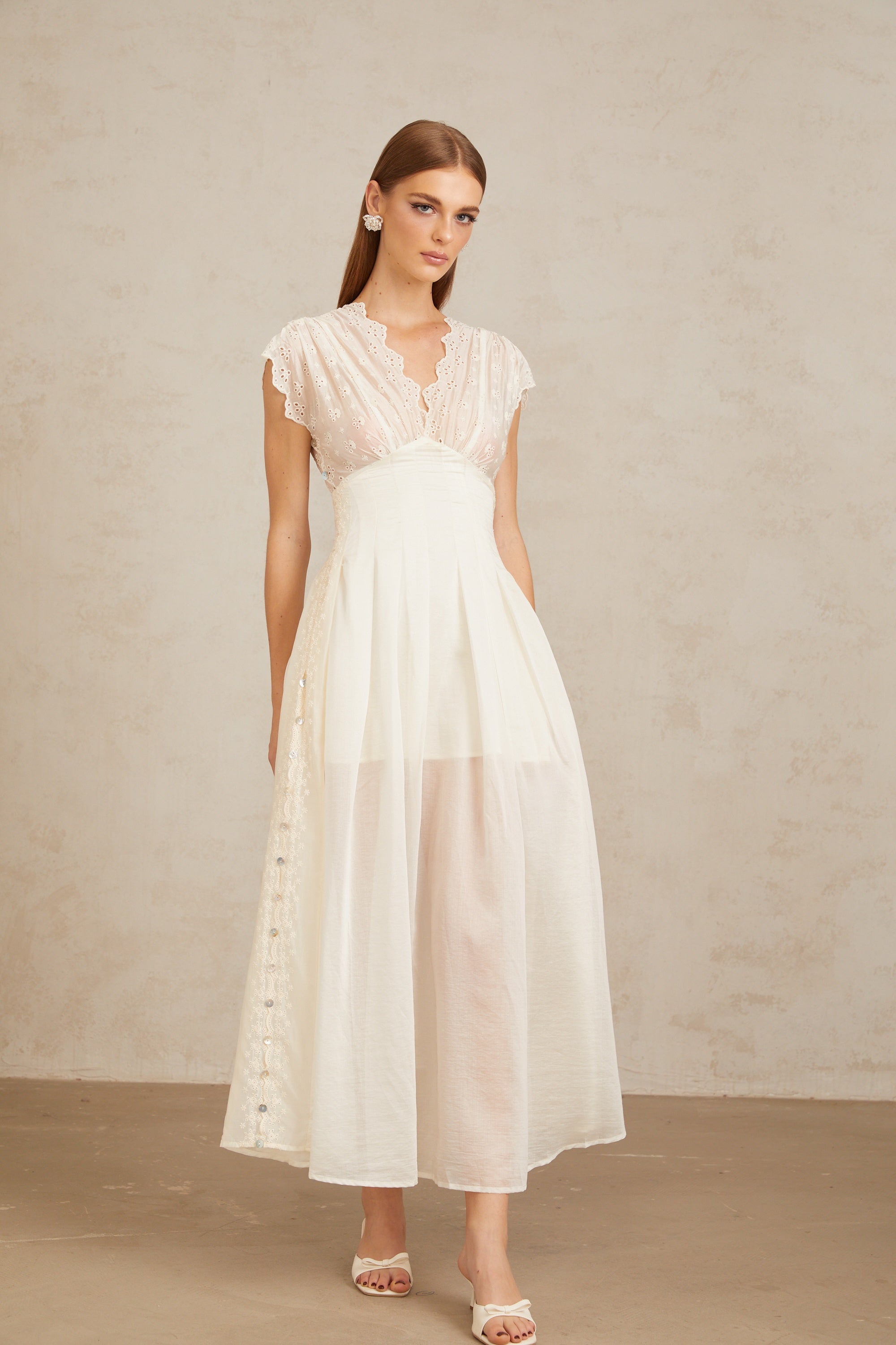 Lumière White Embroidered Shirred Maxi Dress