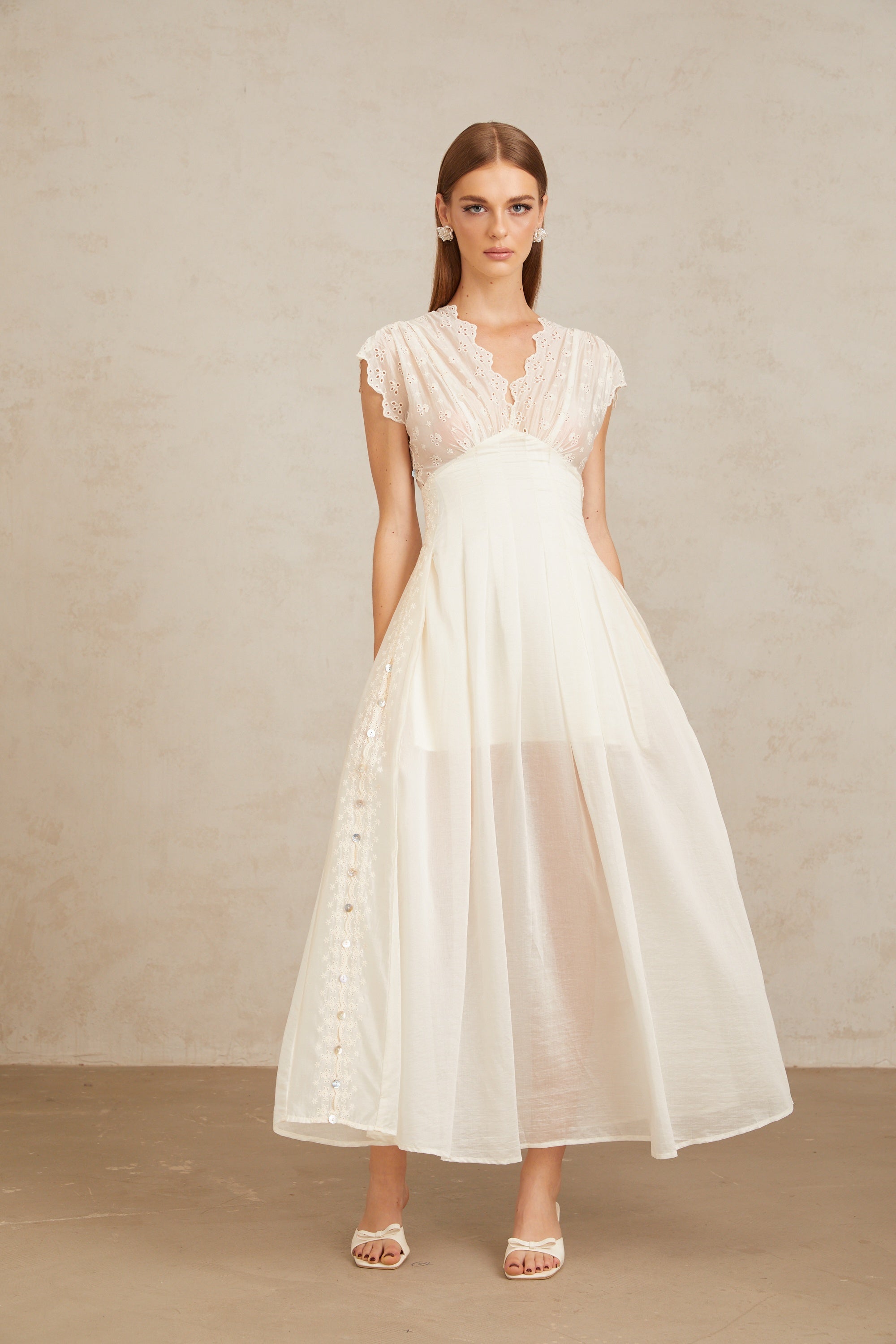 Lumière White Embroidered Shirred Maxi Dress