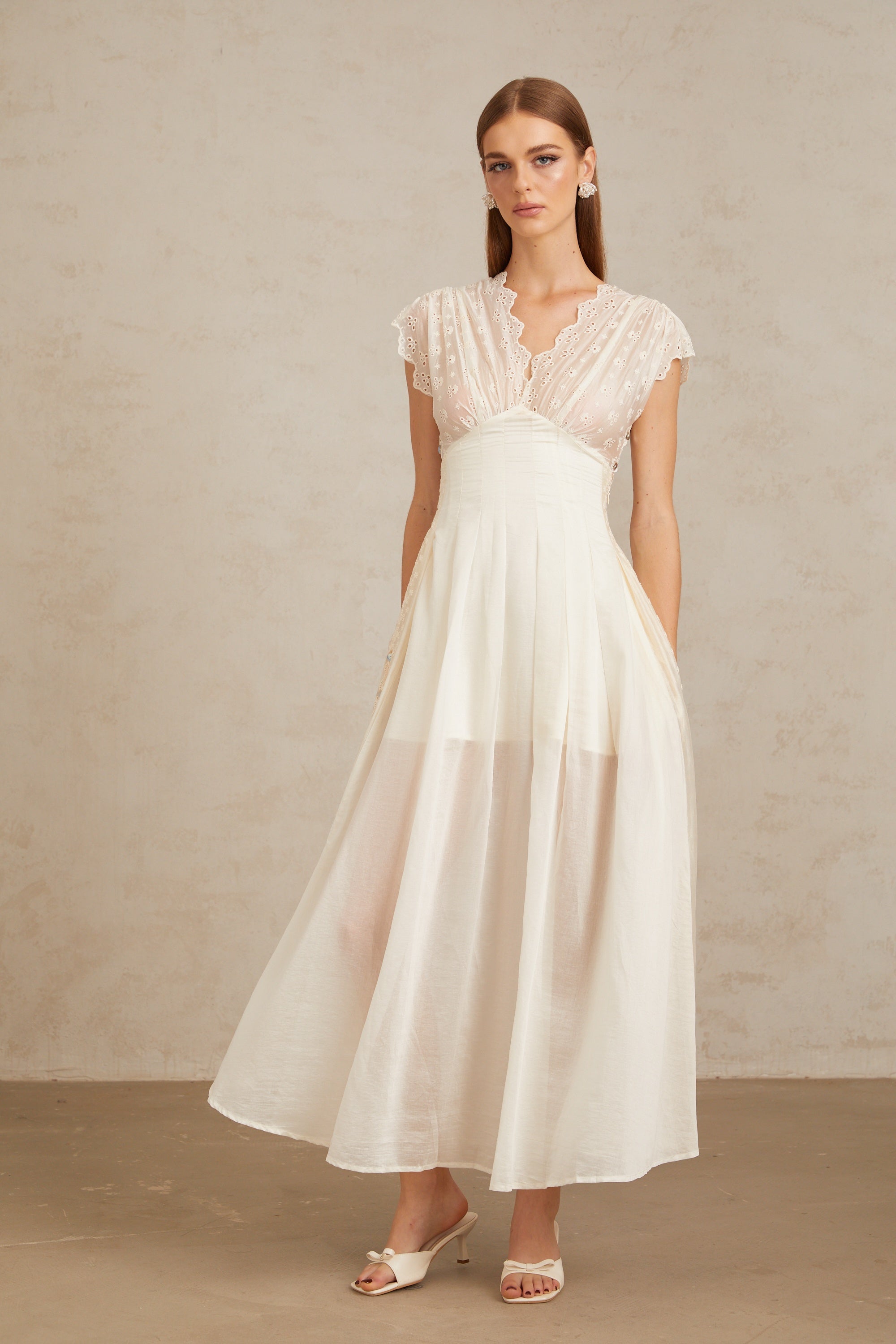 Lumière White Embroidered Shirred Maxi Dress