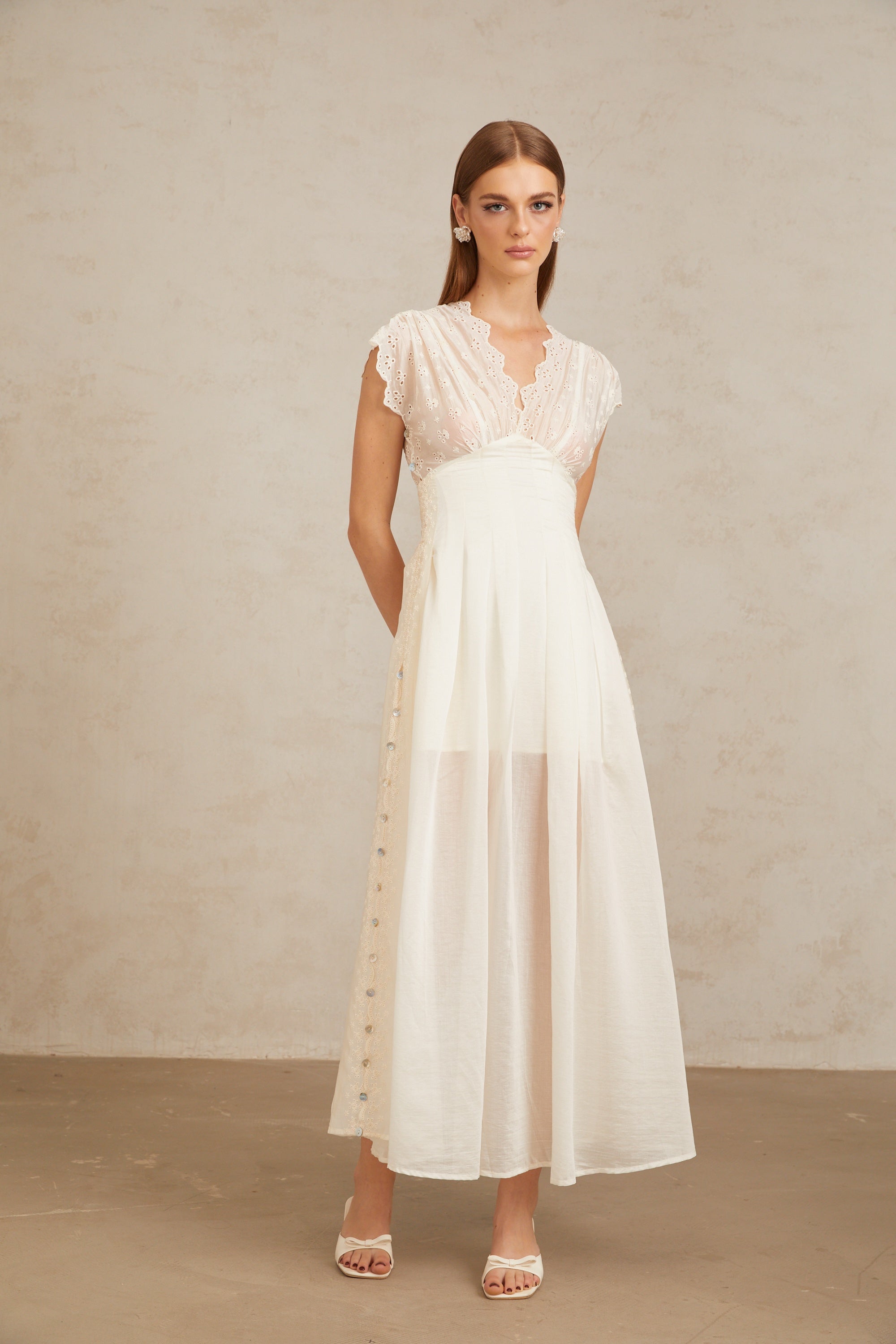 Lumière White Embroidered Shirred Maxi Dress