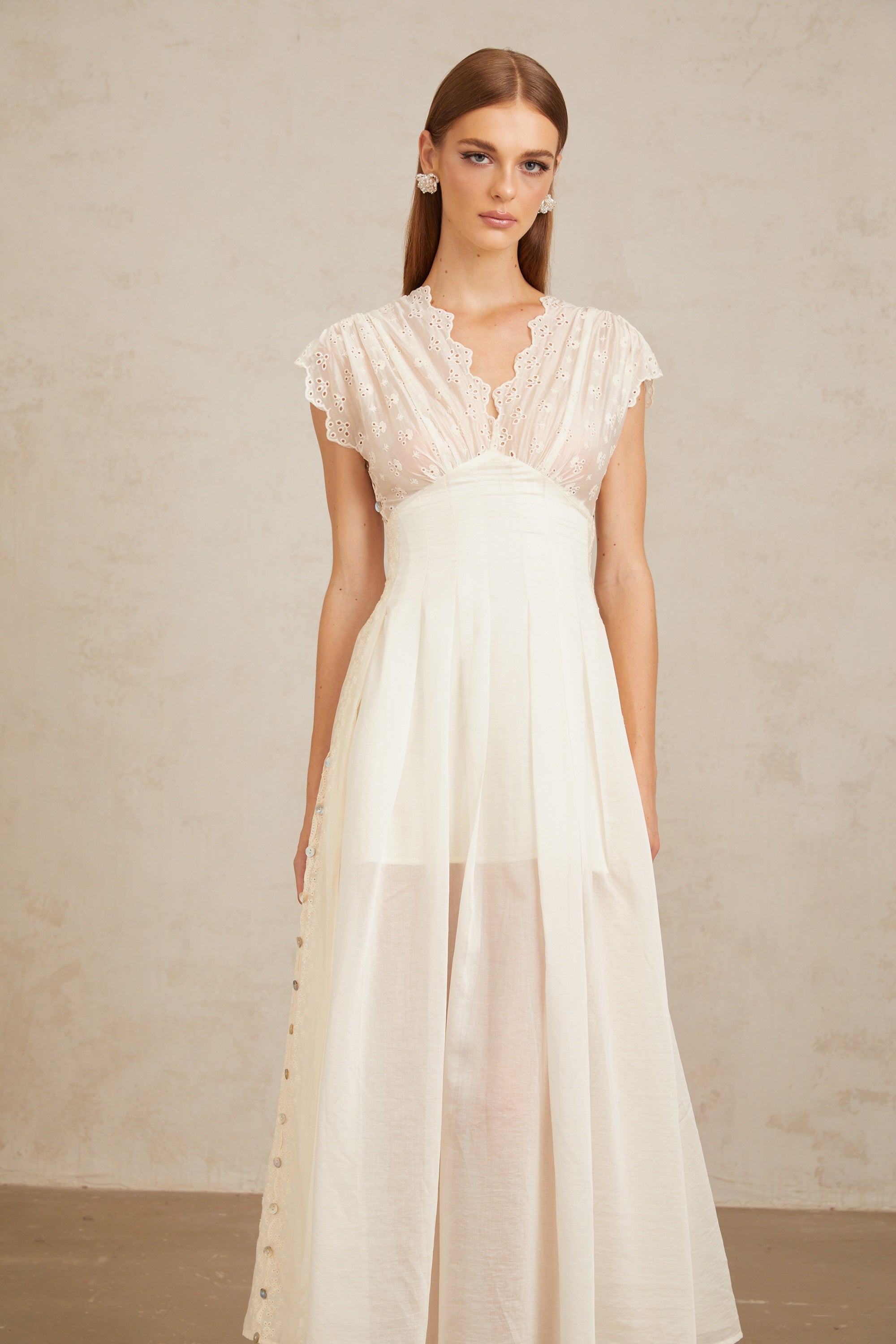 Lumière White Embroidered Shirred Maxi Dress