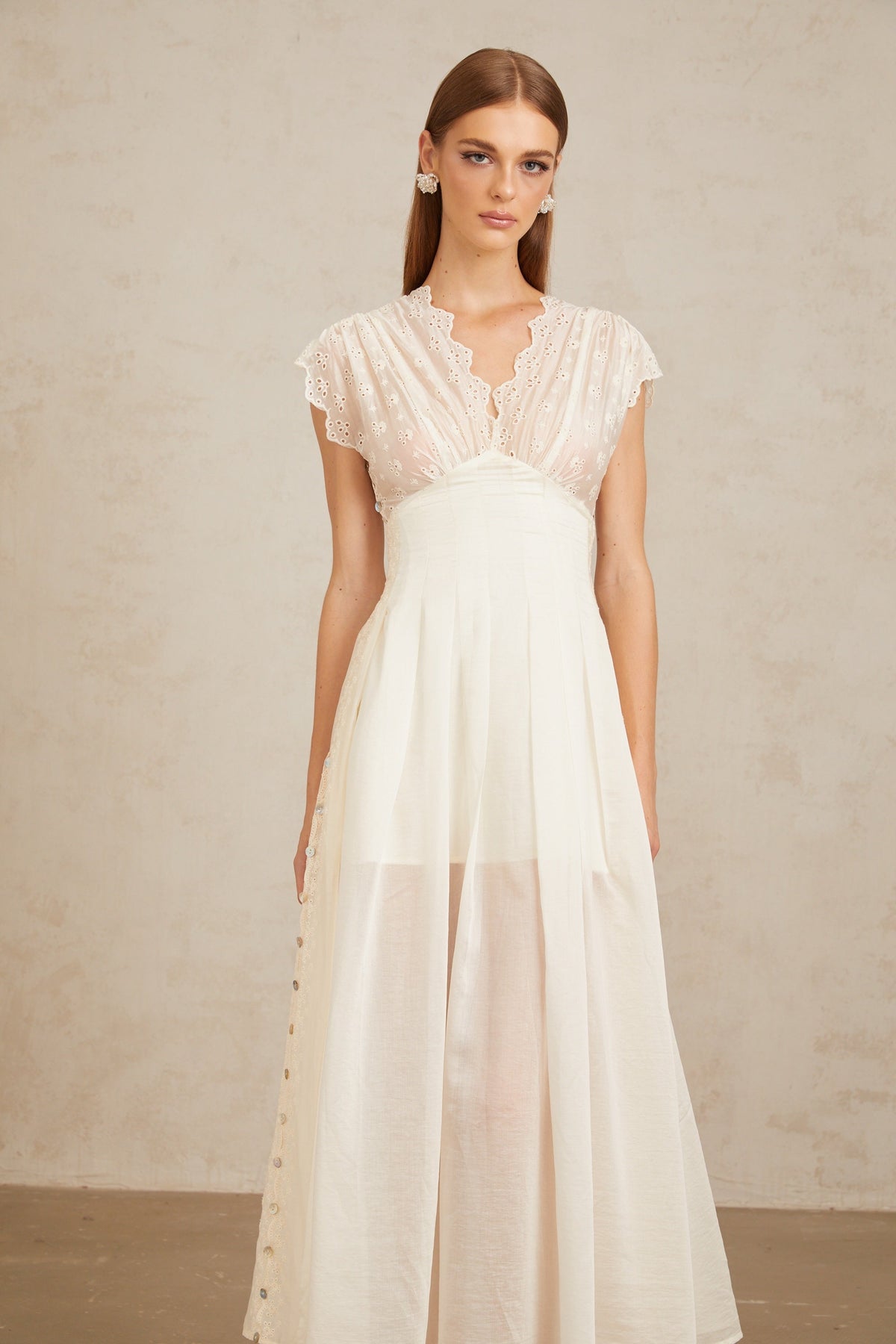 Lumière White Embroidered Shirred Maxi Dress
