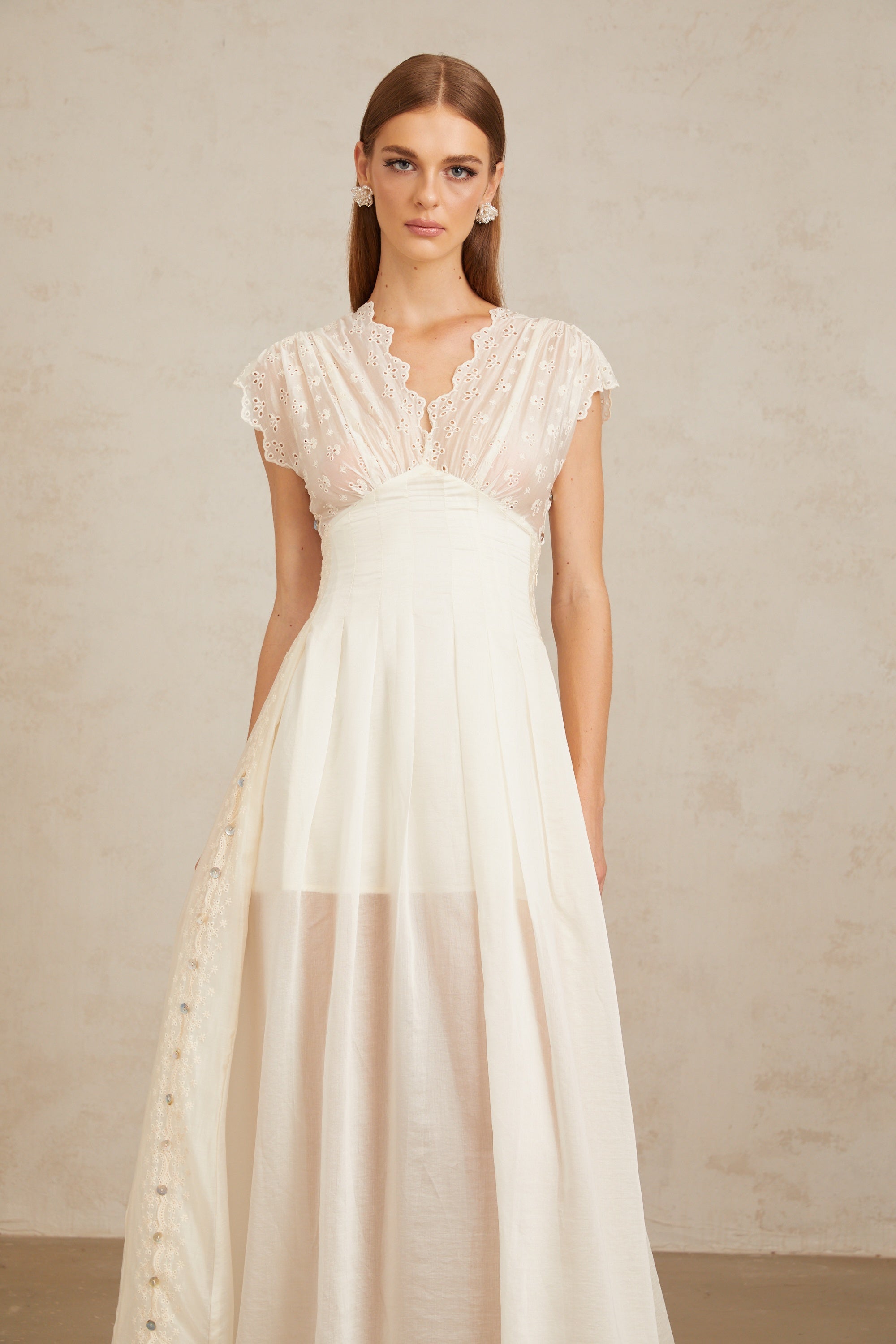 Lumière White Embroidered Shirred Maxi Dress