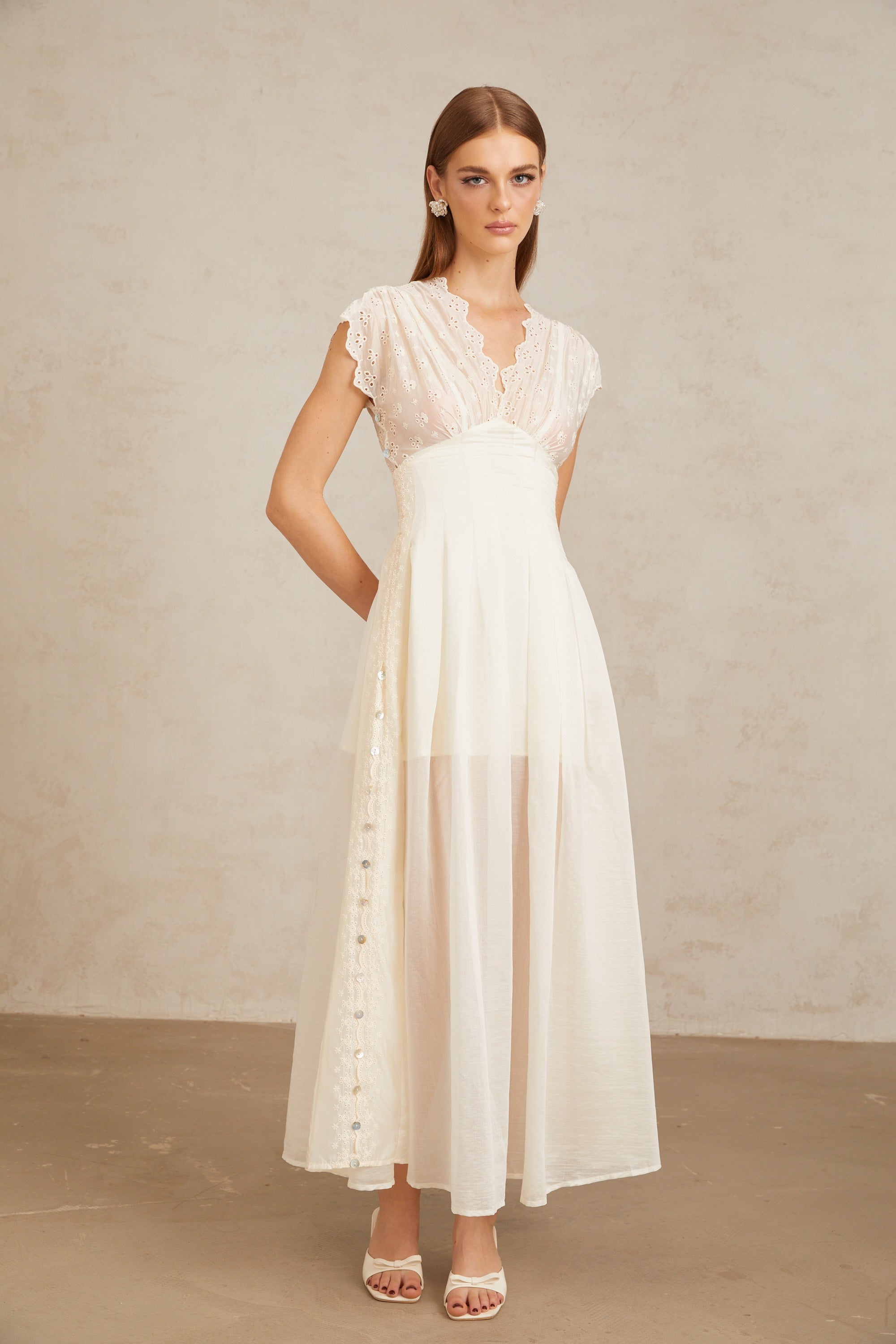 Lumière White Embroidered Shirred Maxi Dress