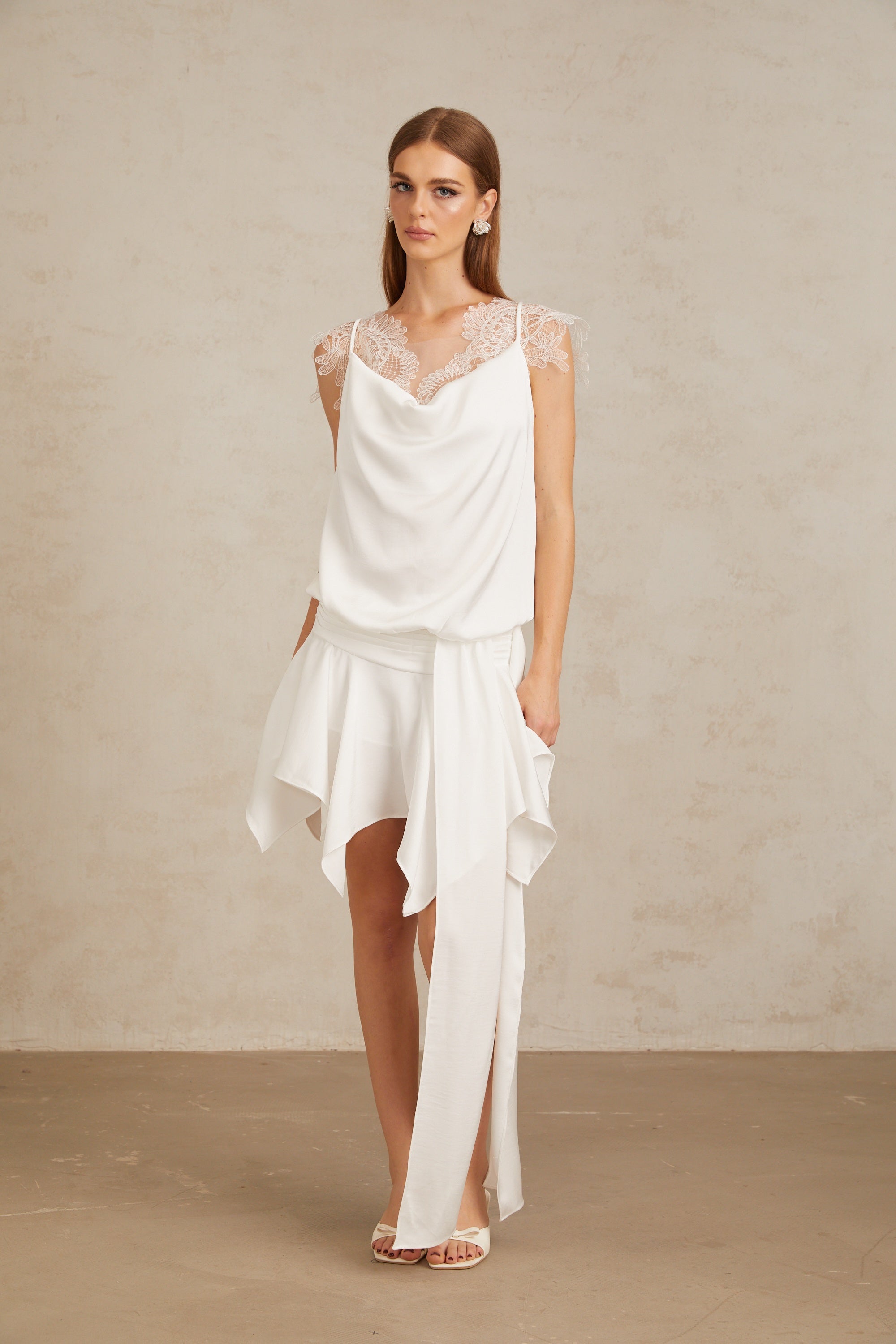 Thérèse White Draped Lace Panel Mini Dress