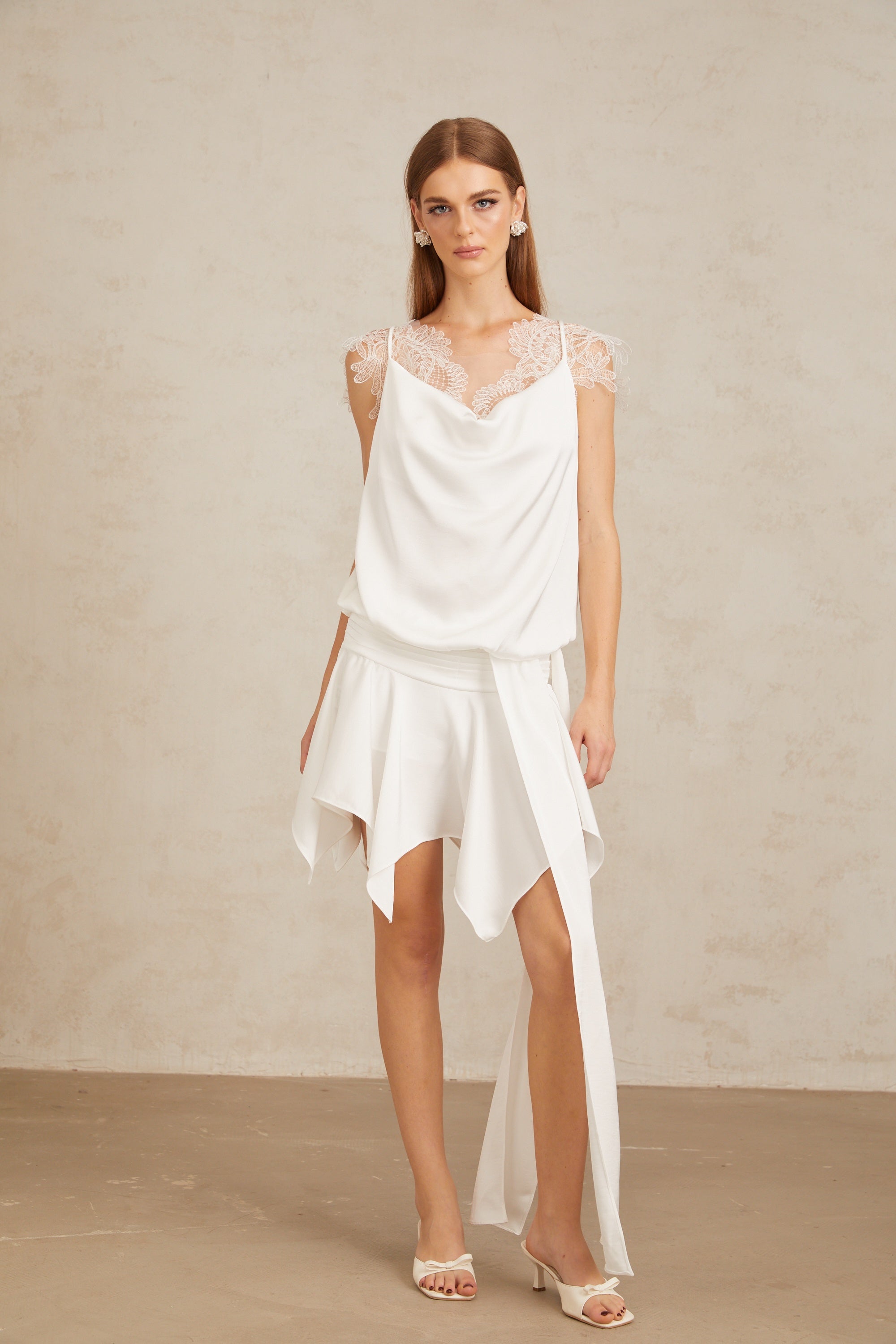 Thérèse White Draped Lace Panel Mini Dress